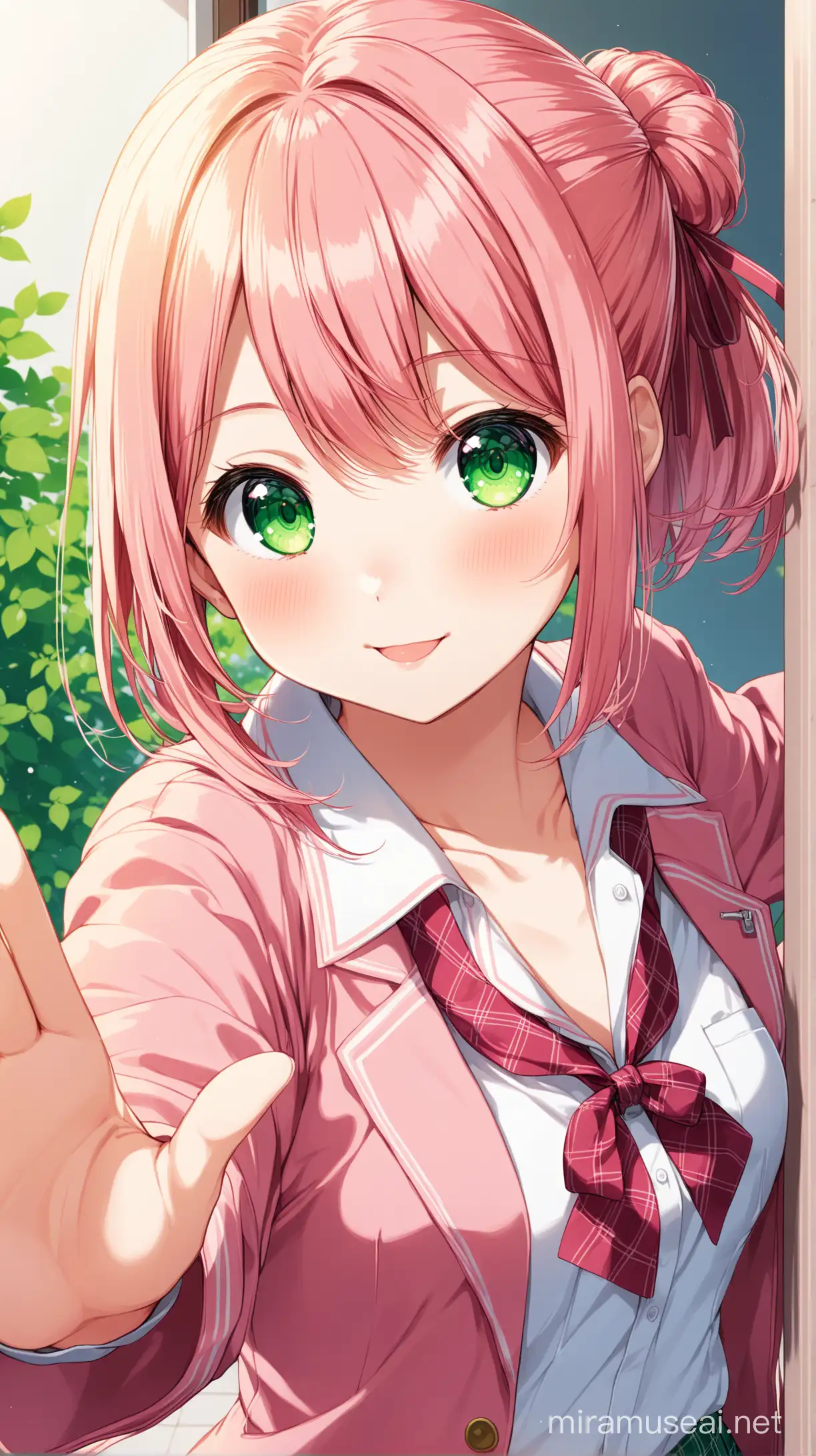 Cheerful Anime Schoolgirl Greeting in Morning