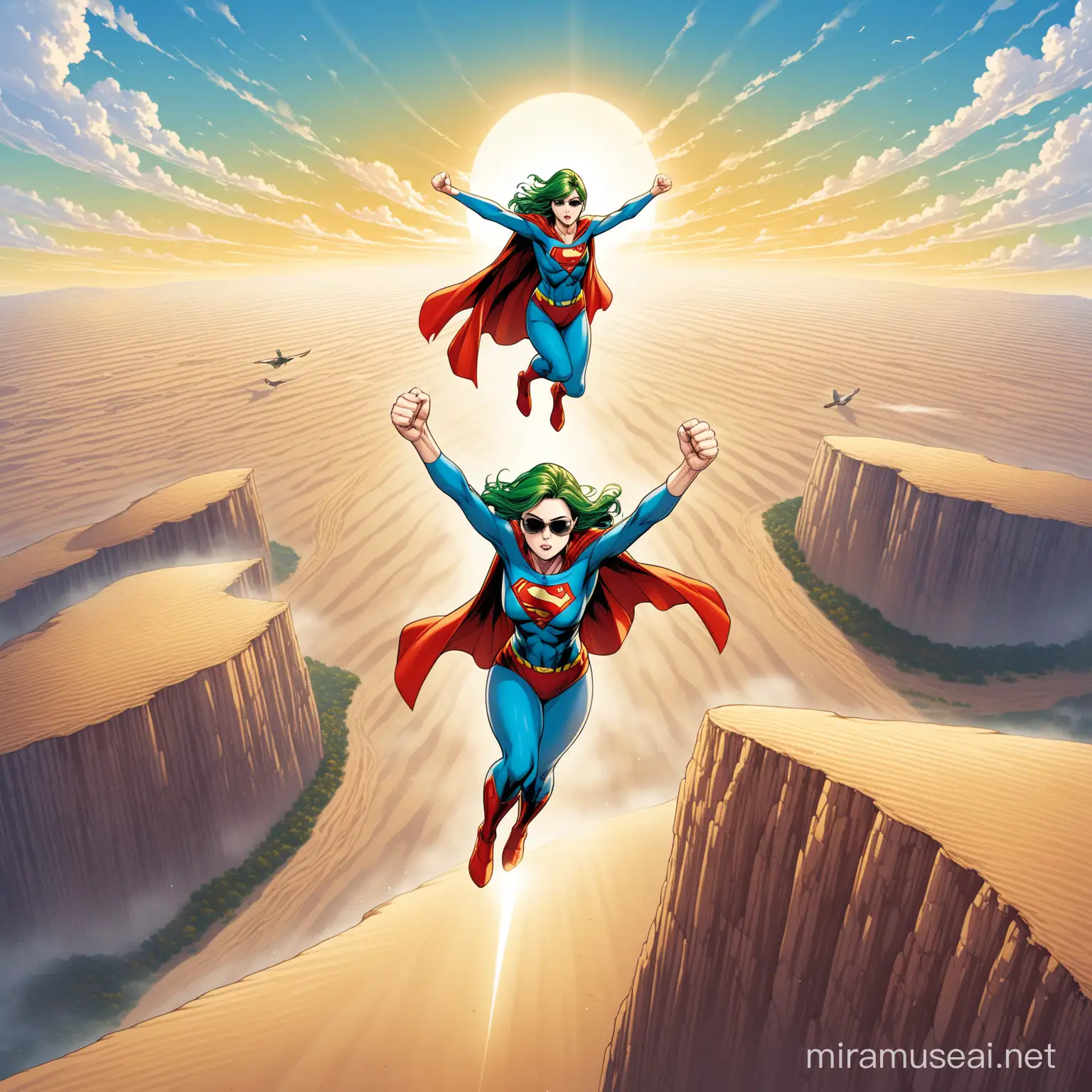 wearing normal  square sunglasses. Big letter A on breast. Levitating over sand dunes. Headline in big letters ANNA. A poster in comicbook style,birdview , ultra detail ,SUPER WOMAN real face  28years old  fanbingbing  WITH THE OUTFIT OF SUPERMAN, open green hair, shining eyelights, flying over  sharp cliff in air flying, real fist properly ,real hand properly,  real longer led extend,   autumn, cloudy, misty ,clearsky,  mallard scared by her,  vast moutain around,