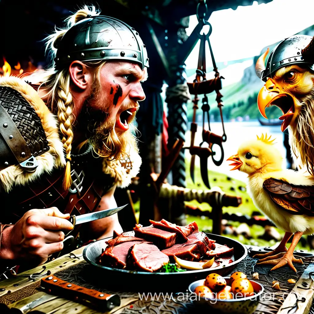 Викинг агрессивно ест мясо и за ним наблюдает милый цыплёнок

