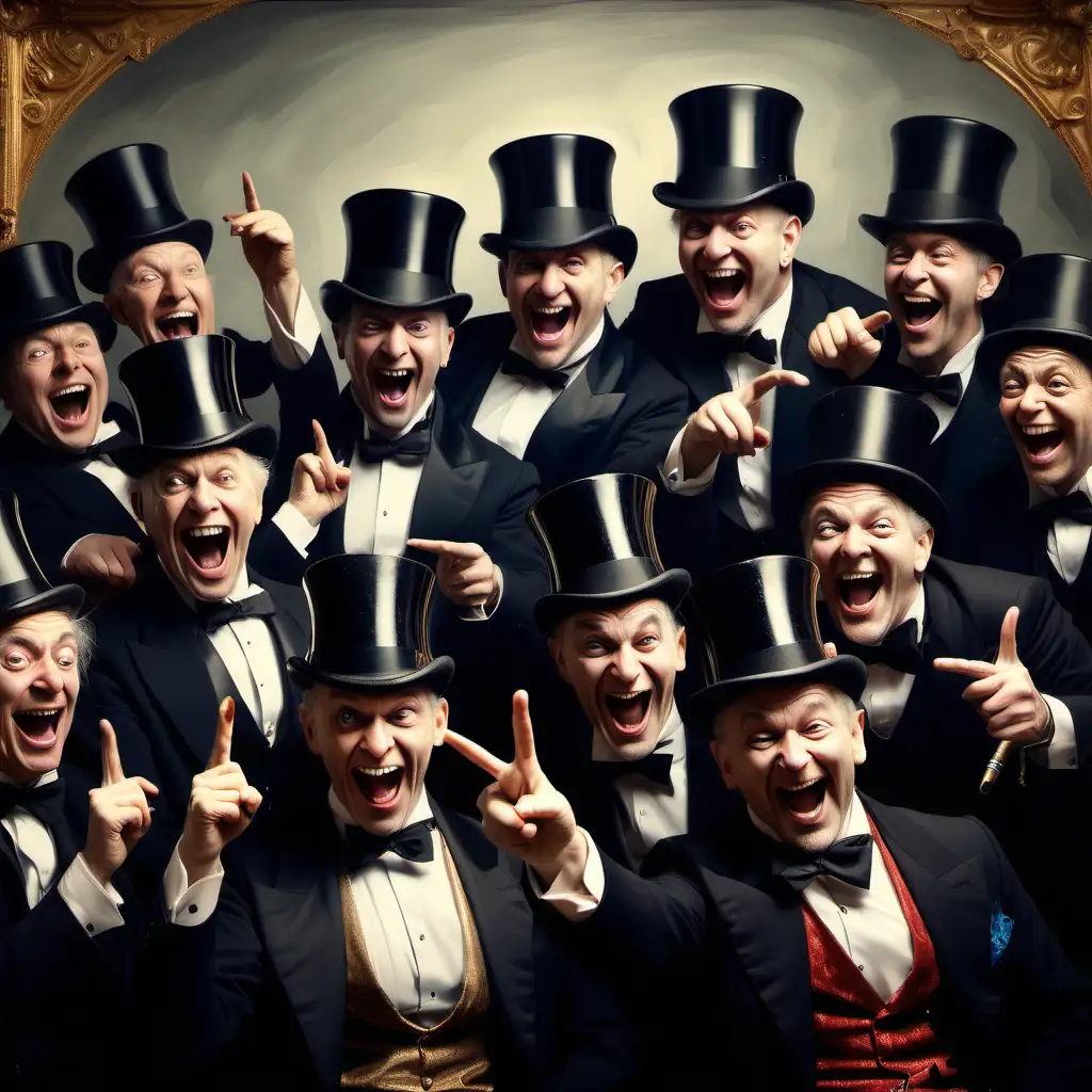 Dividing and Conquering, rich people in top hats pointing and laughing, painting style
