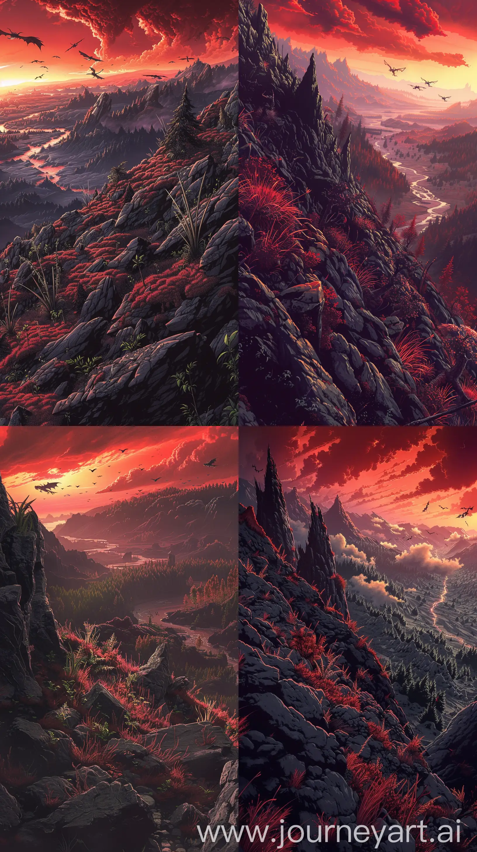 ((Illustration)), ((niji)), ((anime style with influences from studio ghibli)), ((ultra high resolution, fine details, textured, blu-ray, raw)), a epic landscape, epic, dark fantasy, label, in a fantastic world, in the foreground surface of a rocky mountain of dark stones with plants and reddish grass. Escape point into the valley below with rivers, detailed mountains, the field is rocky with rocks so solid that they shine. The sky is red with dense dark clouds, with mythical creatures like dragons flying in the distance. In the background features distant trees, and thin clouds in the distance. View perspective from above to the deep point below, atmosphere of conflict, tension, --ar 9:16
