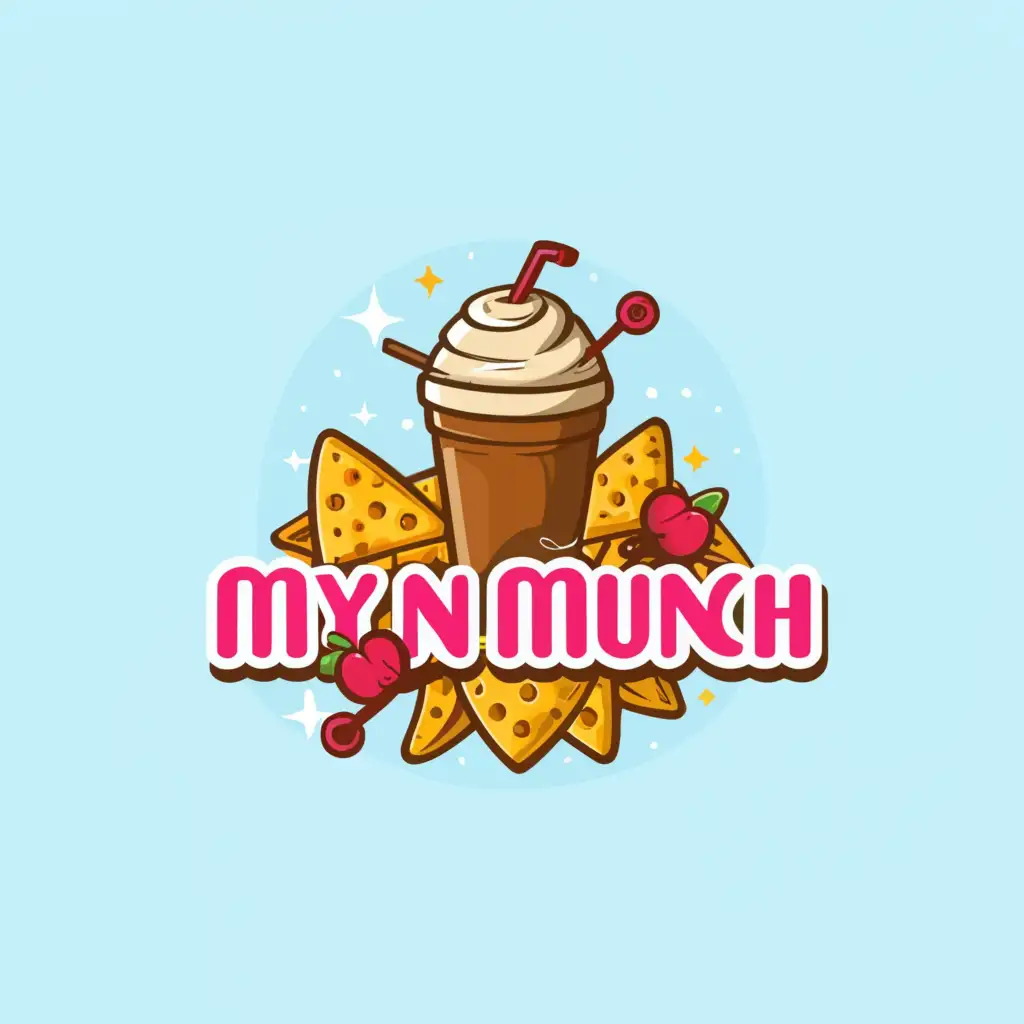 a logo design,with the text "Mix N Munch", main symbol:Iced Coffee, Blueberry Fizz, Cheesy Nachos,complex,clear background