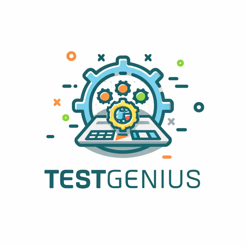 a logo design,with the text 'TestGenius', main symbol:software testing,on a laptop screen two gears, checkboxes and a text TestGenius,Moderate,be used in Technology industry,clear background
