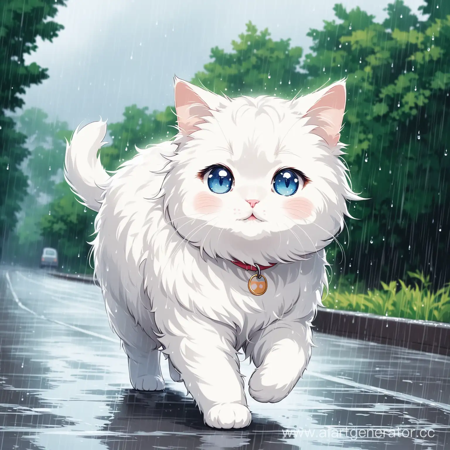 A cute fluffy white cat, walking, in rainy weather