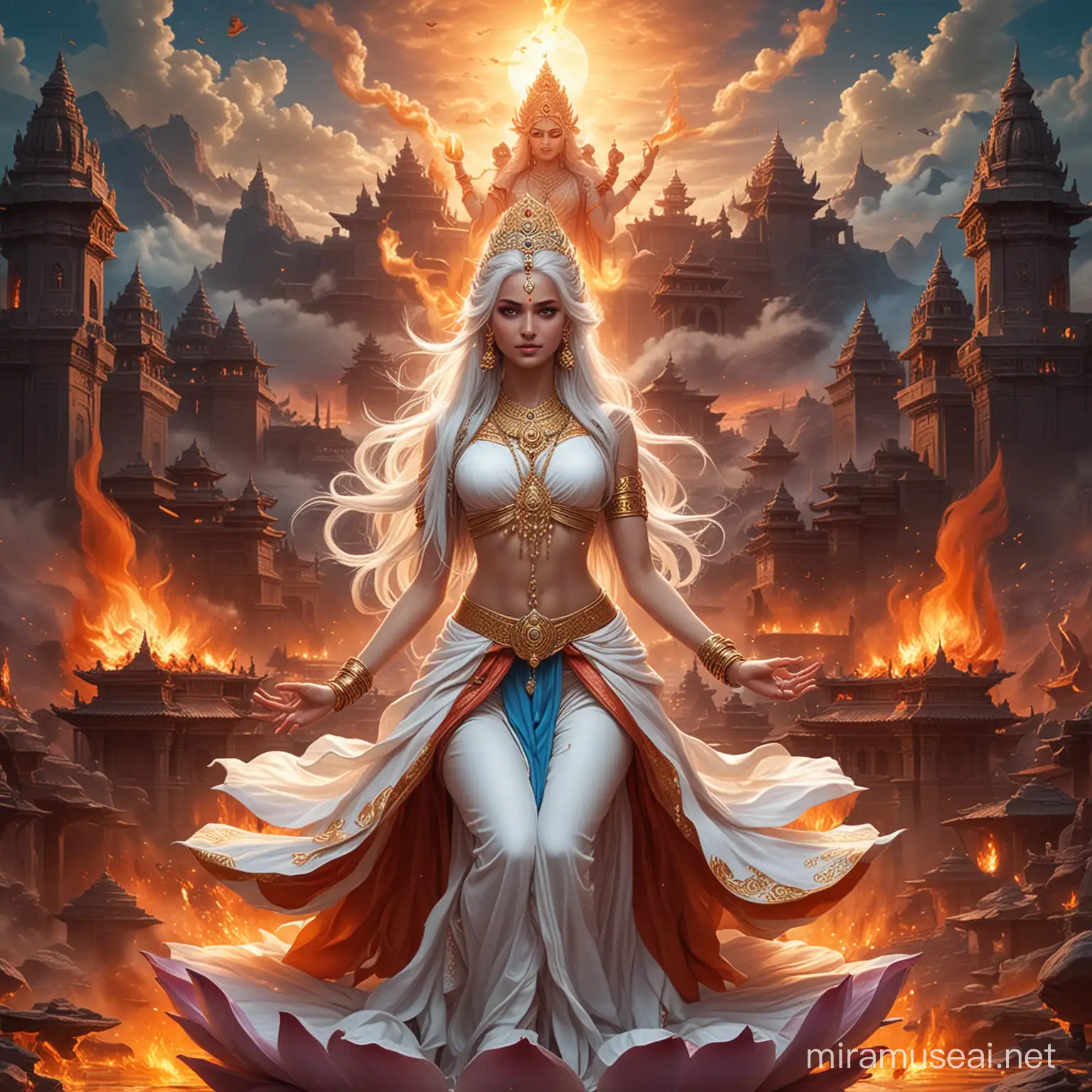 WhiteHaired Hindu Empress in Combat Amidst Fiery Surroundings