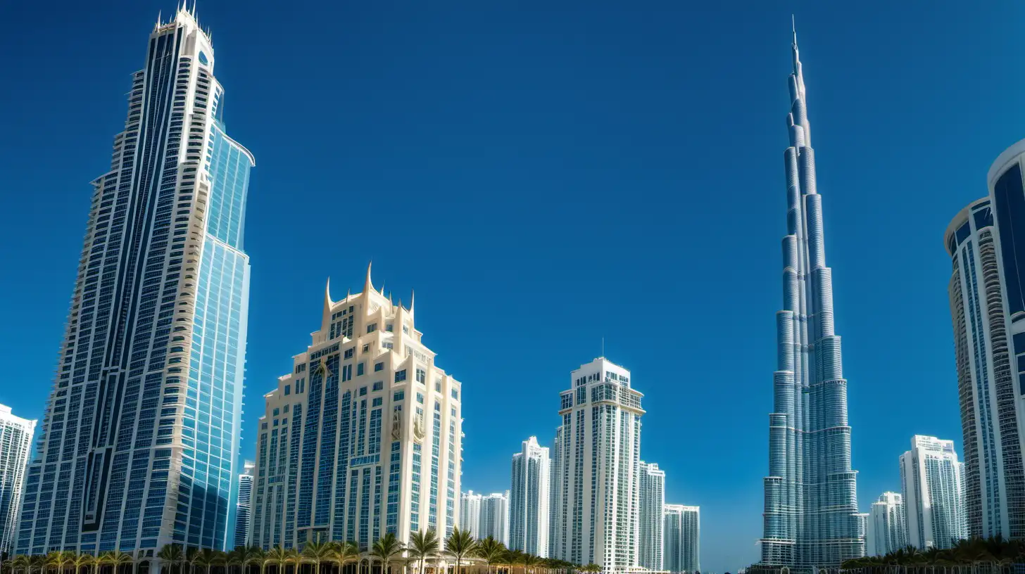 Iconic Skyline Burj Khalifa and Miami Waldorf Astoria Towers Against Blue Sky