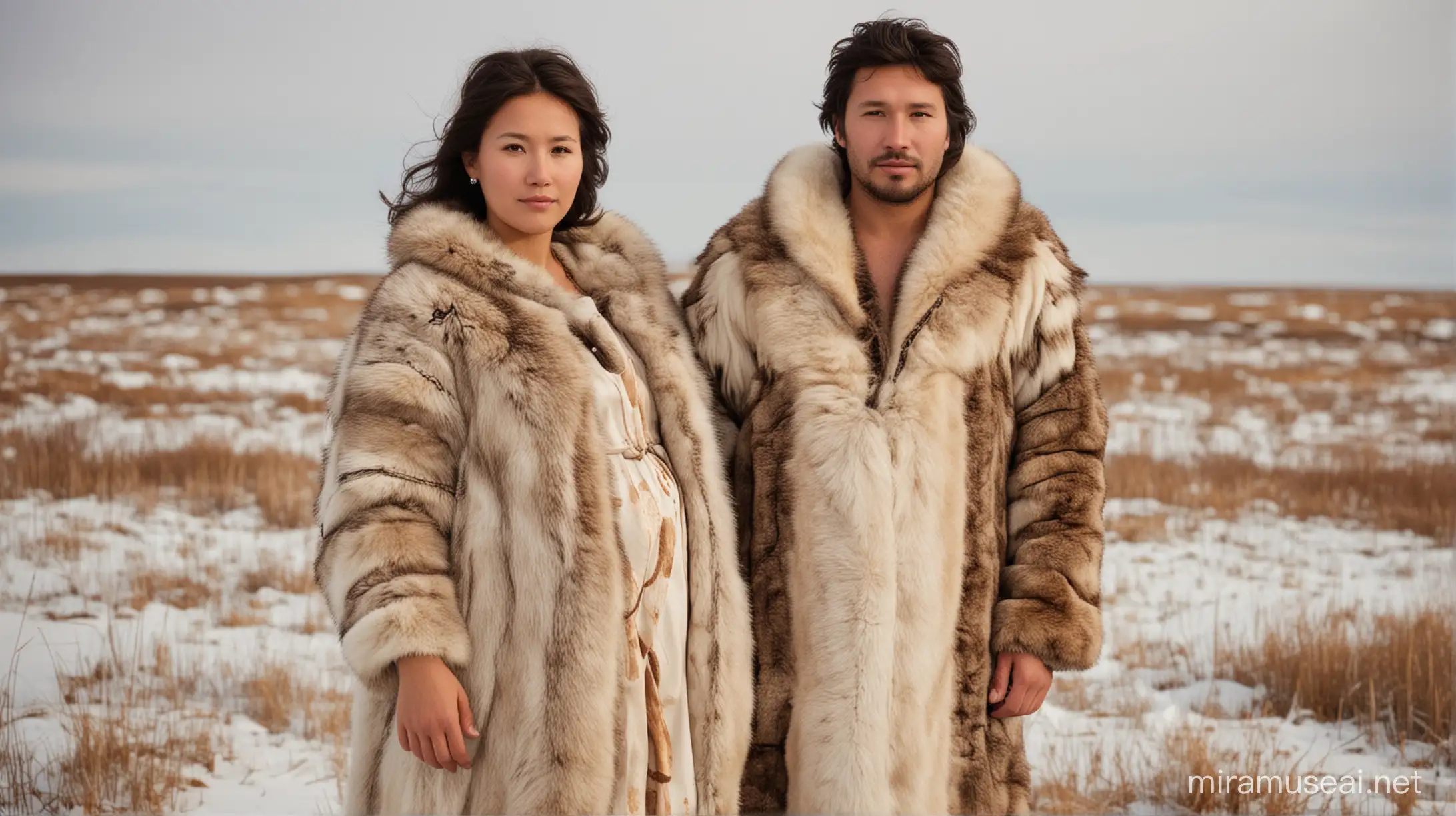 A photo of a woman with her husband. Eskimo with a dress made of animal skin. The woman in the picture is pregnant 

