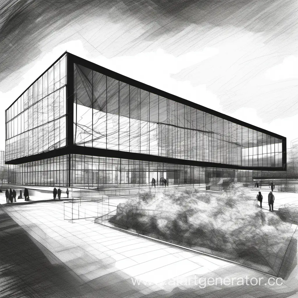 black and white hand sketch of modern contemperory museum building with glass covering and open exhibition space park area