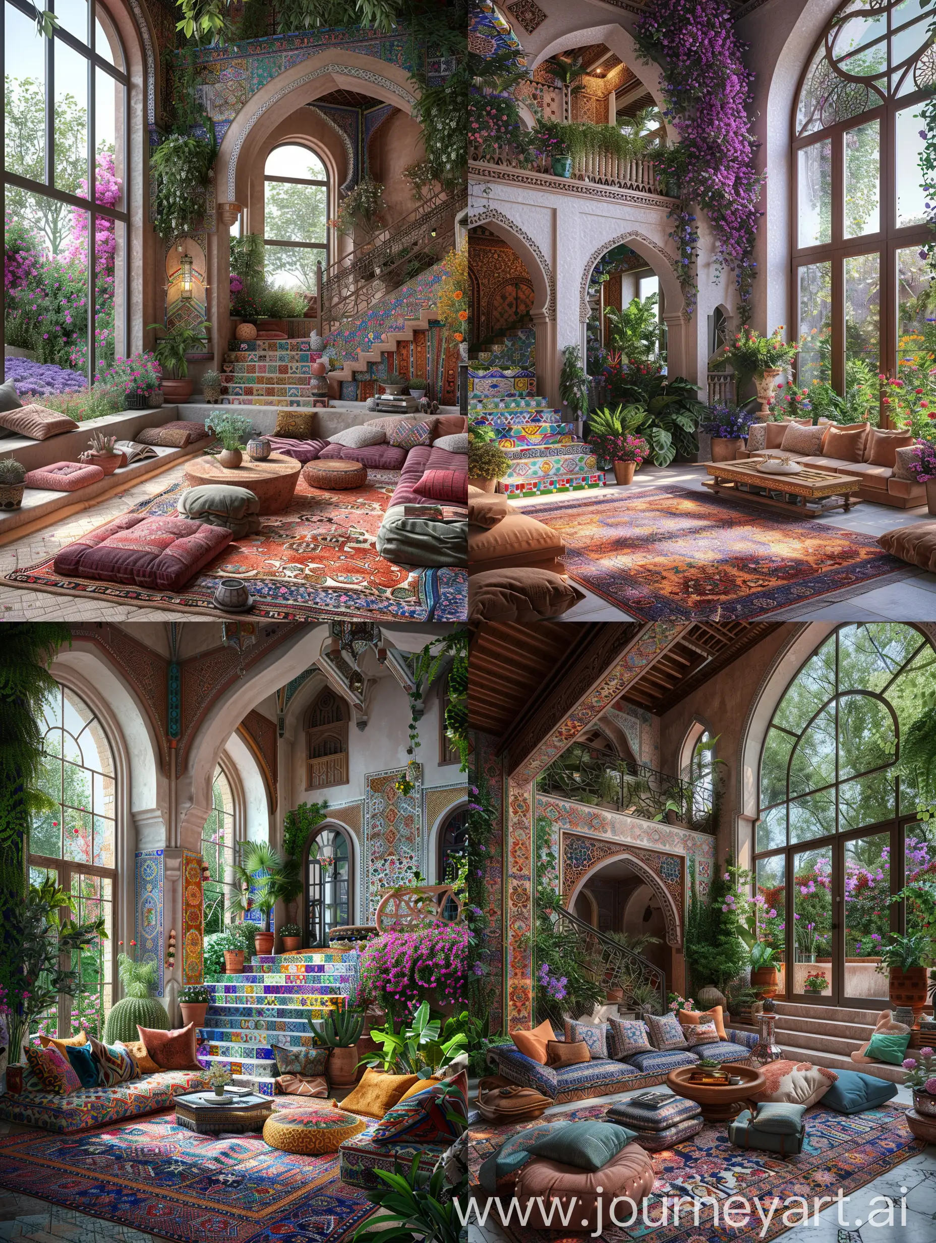 A beautiful and cozy living room in the style of an old arabian house with high ceilings, decorated with colorful moroccan tiles and boho decoration including some potted plants, surrounded by a lush garden with flowers, with stairs leading to outdoors, big windows overlooking the garden, soft natural light, hyper realistic photography --chaos 2 --s 300