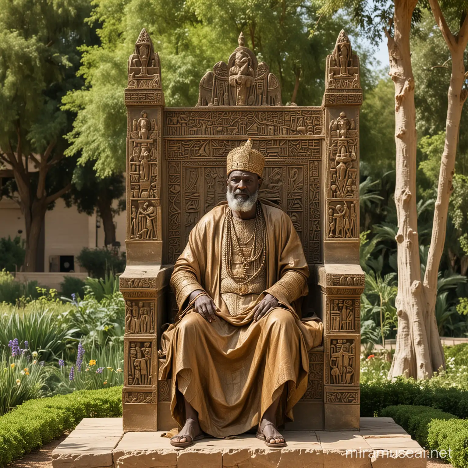 le Roi Numide JUBA II assis sur un trône en bronze et en arrière plan un jardin botanique