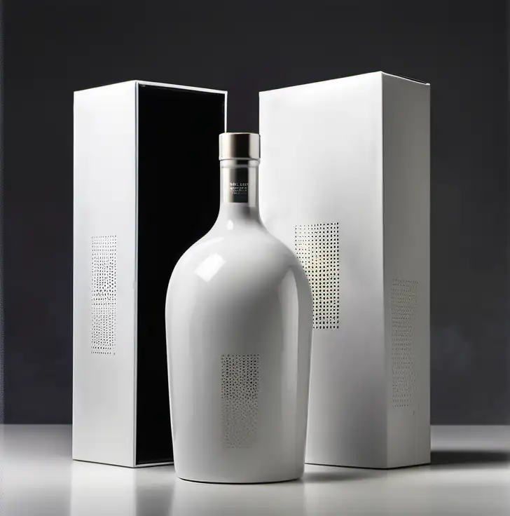 modern health liquor packaging design, high end liquor, photograph images, high details, minimalism texture, silver and white ceramic bottle