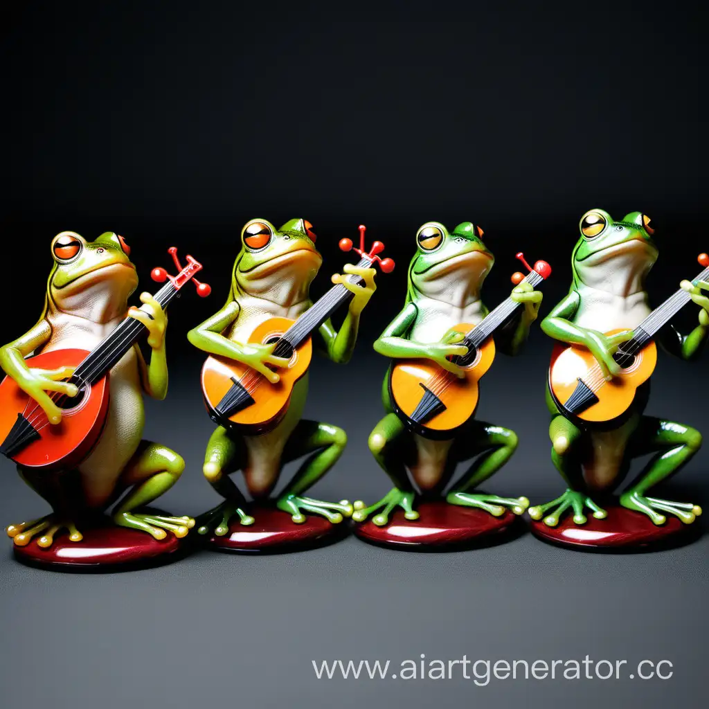 4 frogs playing musical instruments