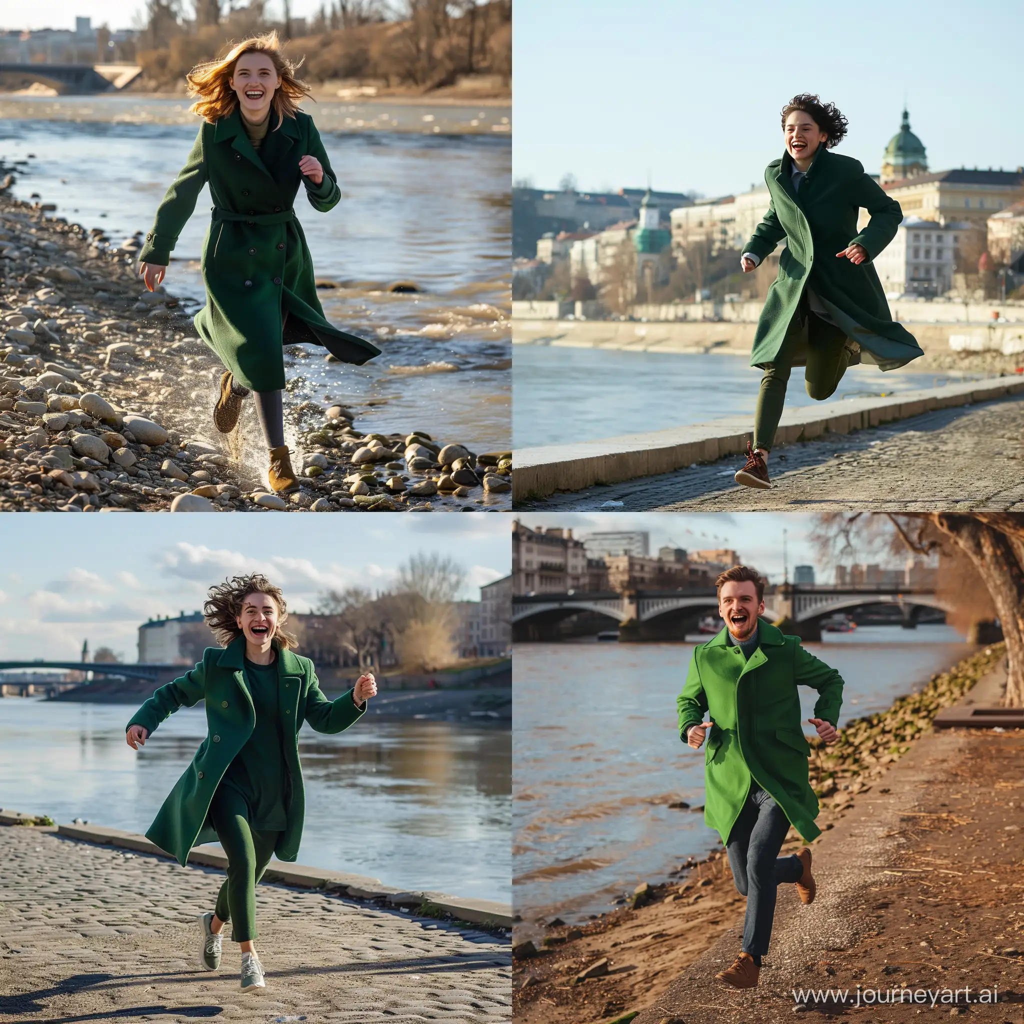 Бегущая по берегу реки жизнерадостная студентка в зелёном пальто