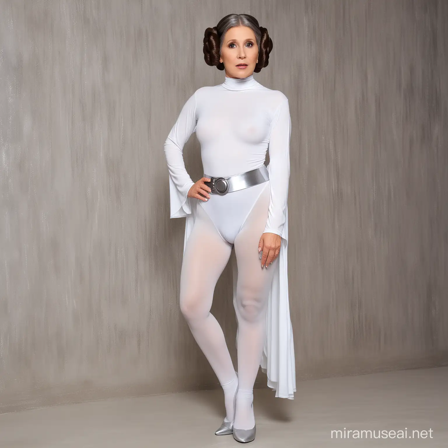 Elegant Mature Lady with Long Silver Hair in Princess Leia Inspired Attire and White Pantyhose