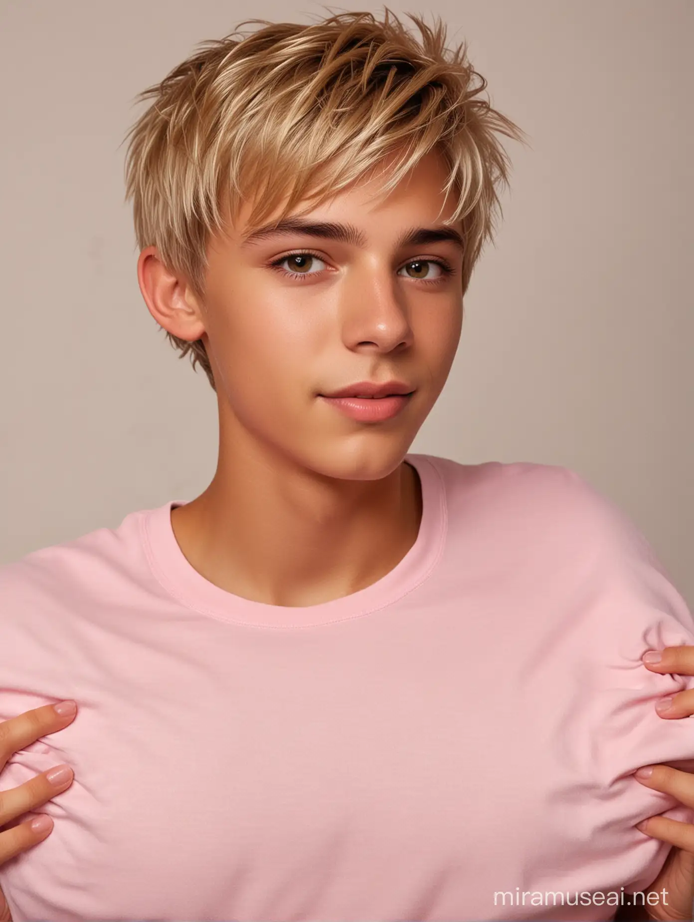 blond wet hair , Very handsome,,boy,boy,17 years old,(beautiful vivid ocher-Brown eyes with 3D light reflection),back,athletic figure,close-up of hands AND fingers,tanned,blond hair,athlete,golden blonde short cut hair  with spiky hair, detailed skin and fine facial hair, wearing a light pink T-shirt, sitting on the bed, holding a large pillow in her arms, which she hugs.