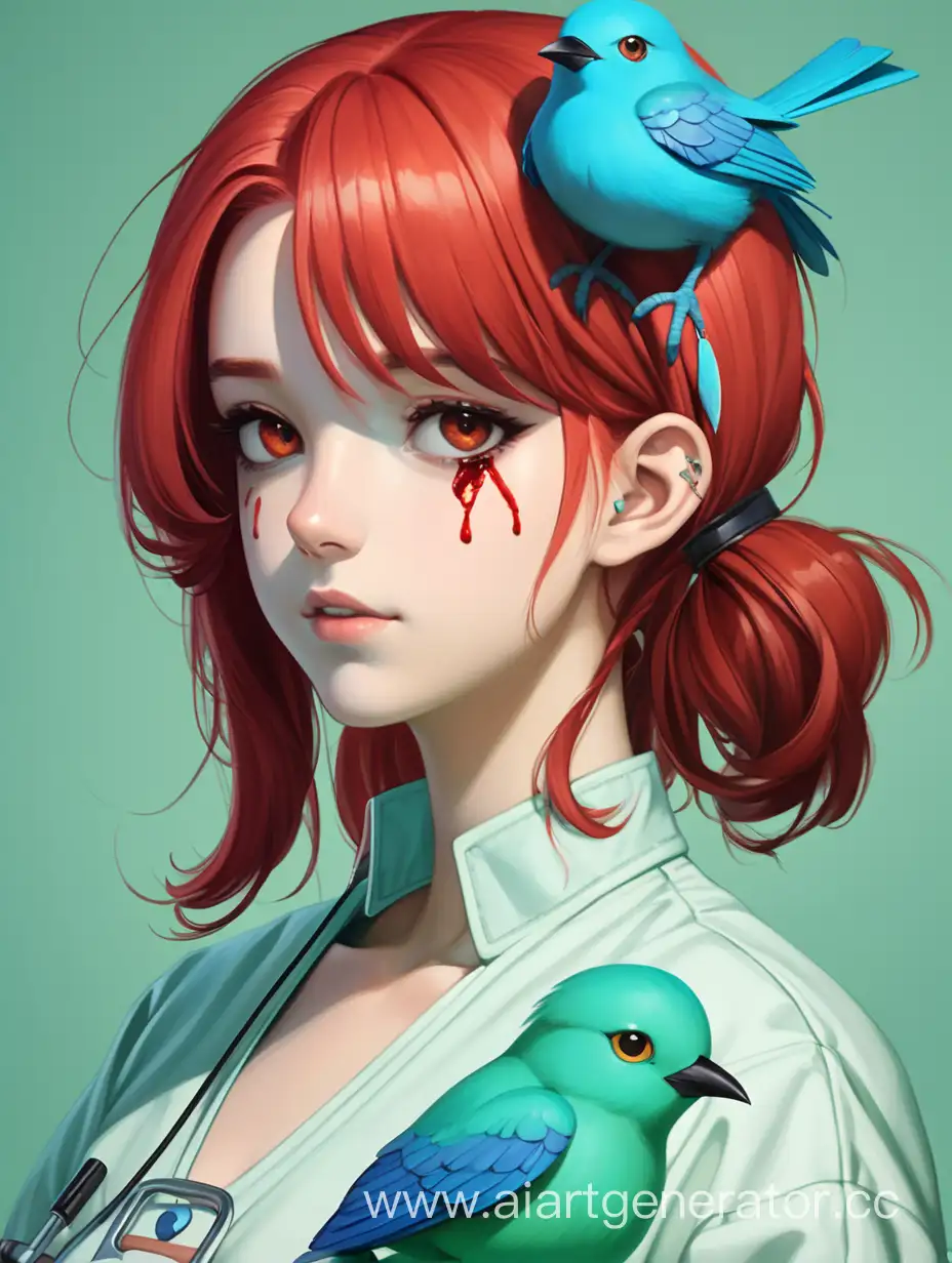 девушка с рыжими волосами, карими глазами и голубой птичкой на плече
В операционной зелёной форме и крови 