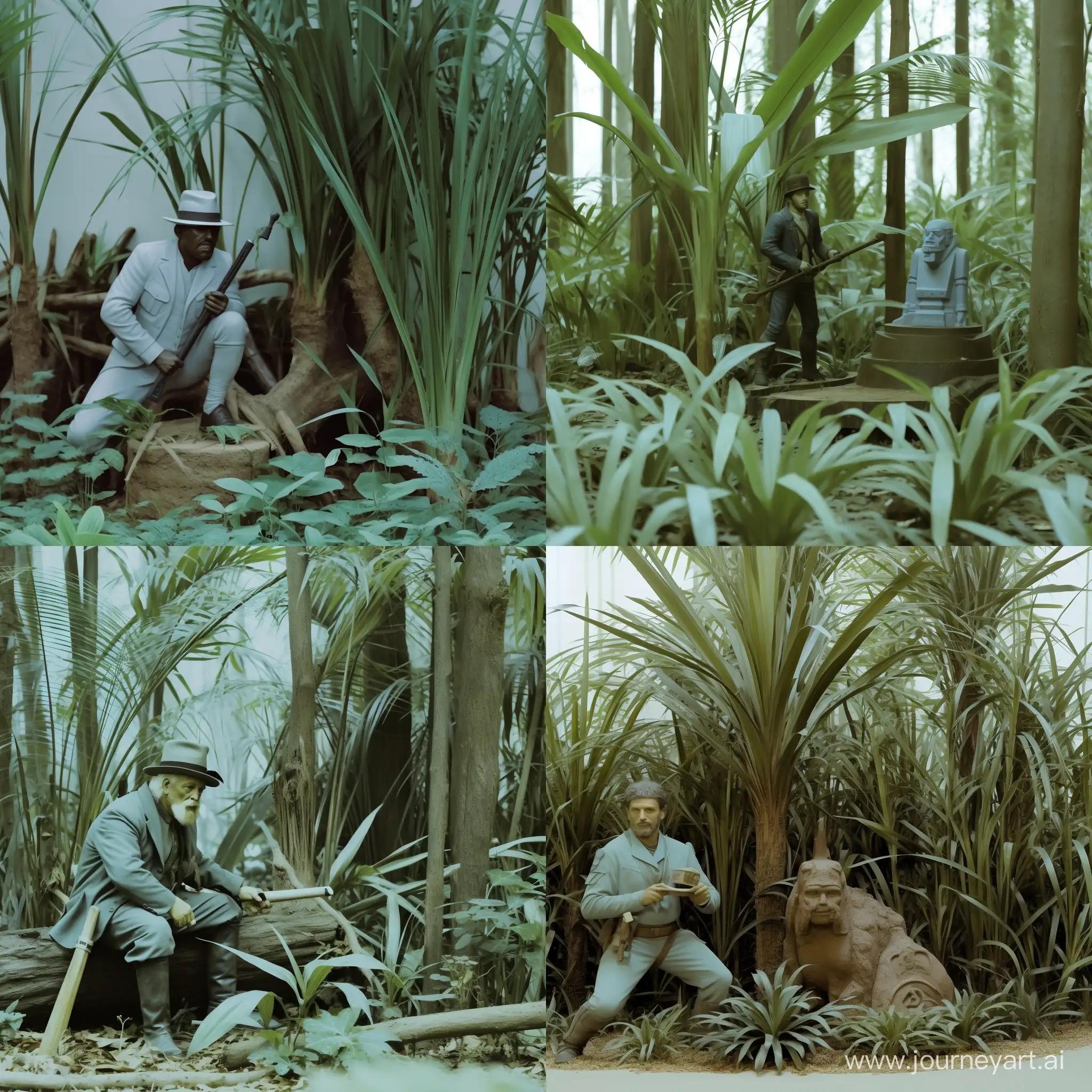 A hyper realistic color photograph of a jungle adventure scene. An explorer in khaki and a pith helmet with a machete is looking at shrine statue of a fat woman sitting like buddha. old color photograph. early 1900s. hyper realistic. 