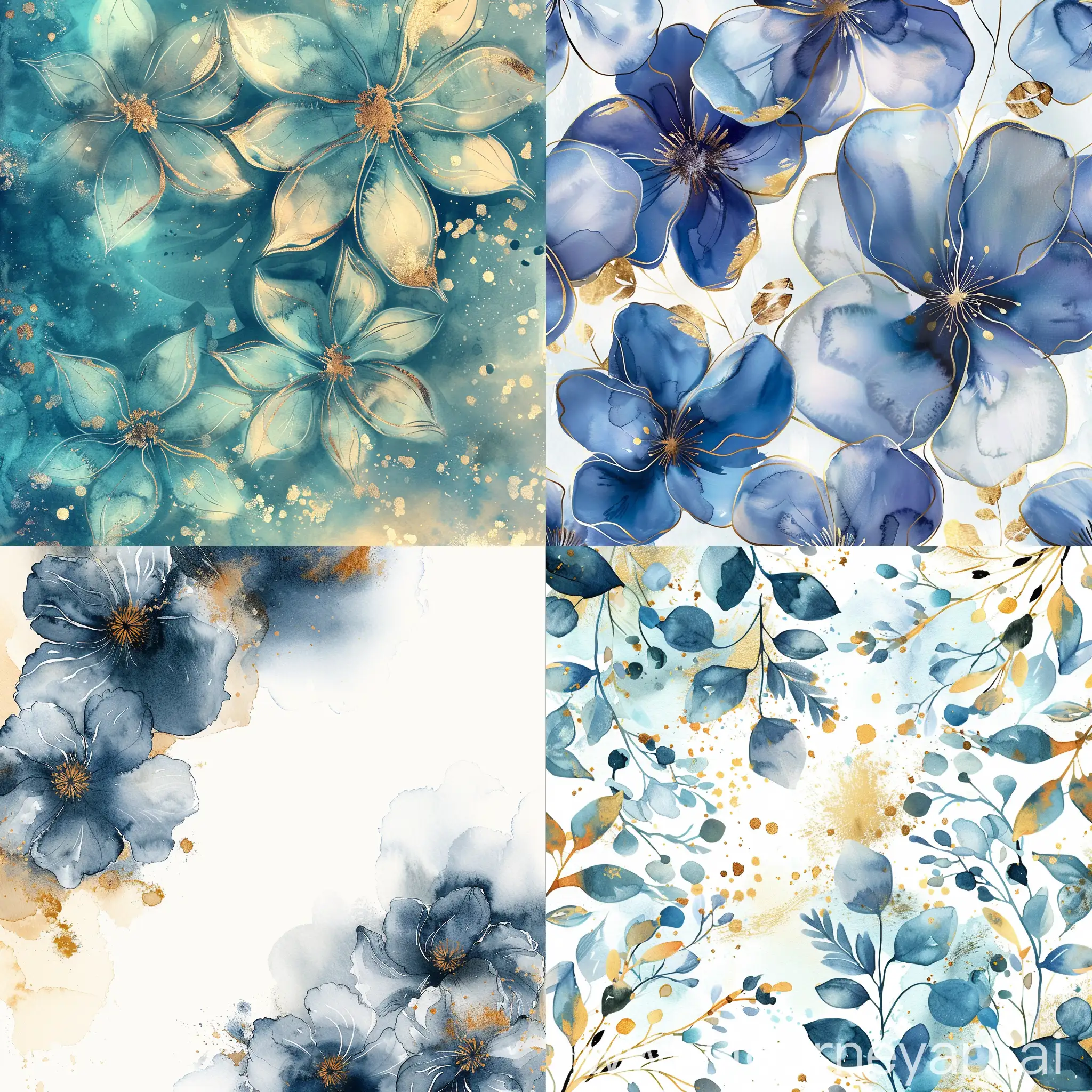 Floral,  background, printable, beautiful, fantasy, blue and gold. Watercolor.