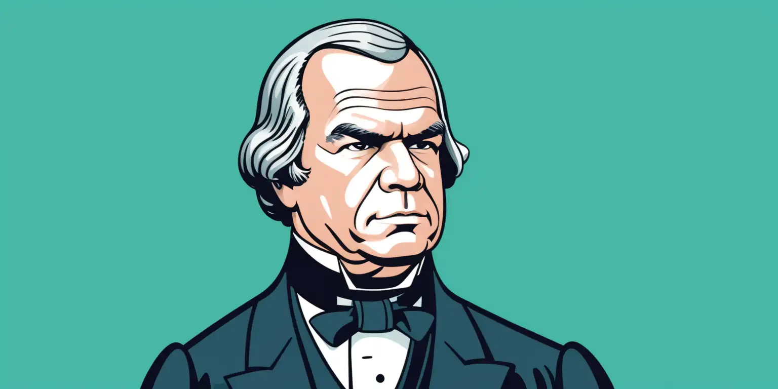 cartoon of Andrew Johnson with a solid blue green background
