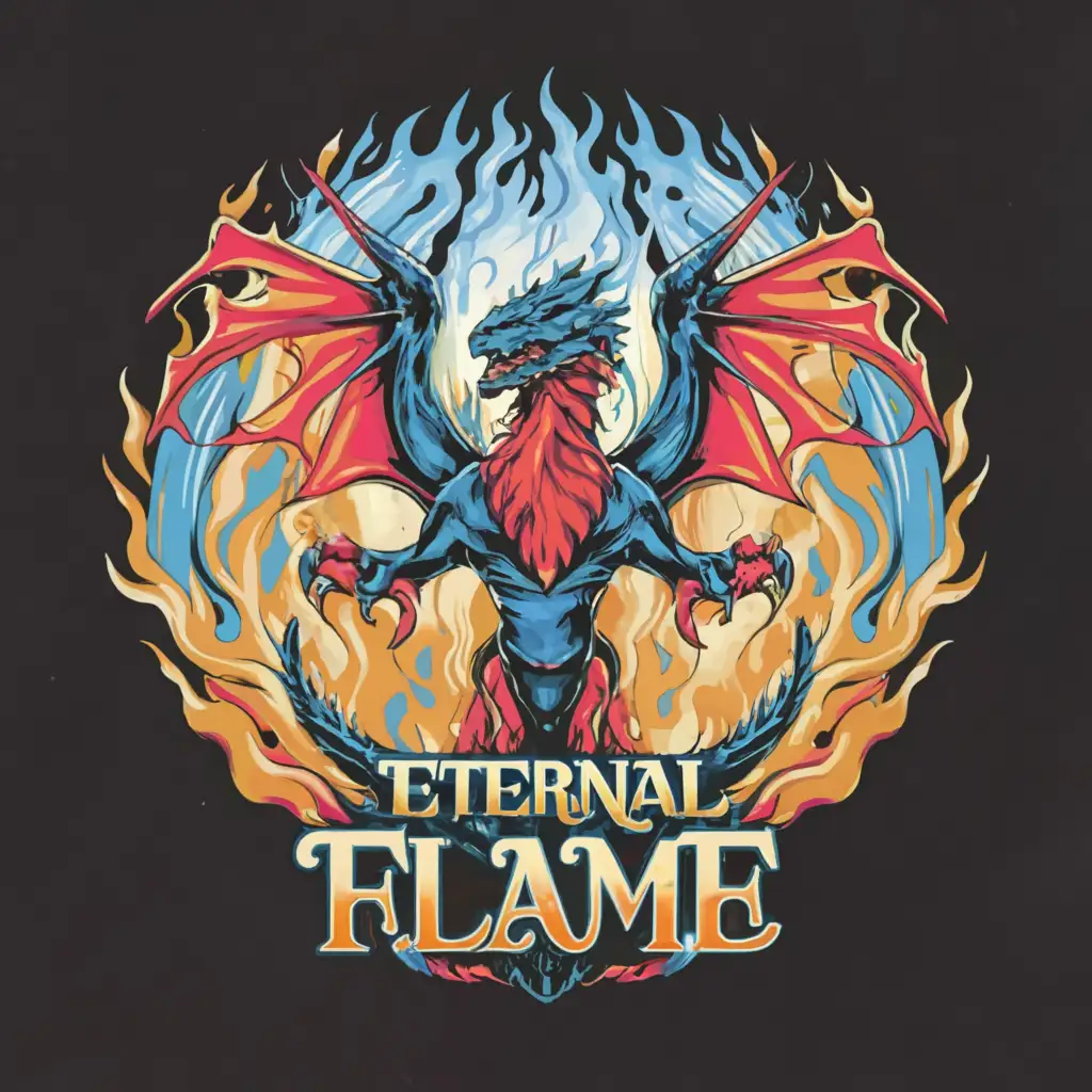 a logo design,with the text 'Eternal Flame', main symbol:dragon , red ,blue, flame, ,clear background