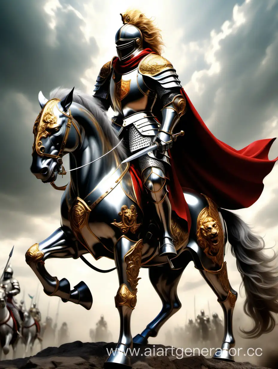 Knight-in-Shining-Armor-on-Battlefield-with-Lion-Emblem-Breastplate