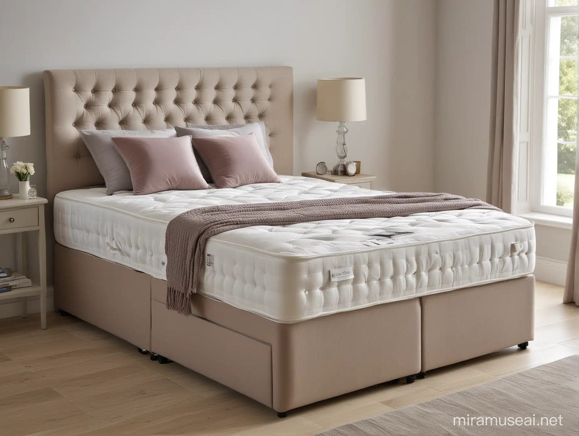 Luxurious Divan Bed Base with Buttoned Headboard and Mattress