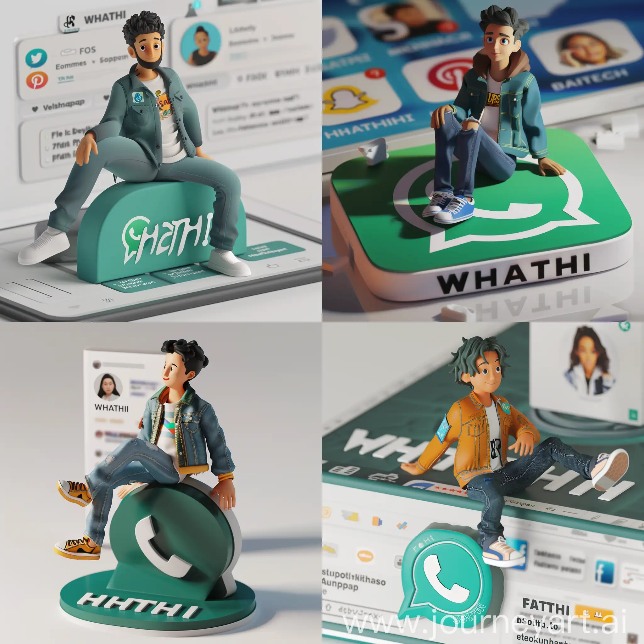 Create a 3D illustration of an animated character sitting casually on top of a social media logo "WHATSAPP". The character must wear casual modern clothing such as jeans jacket and sneakers shoes. The background of the image is a social media profile page with a user name "FATEHI" and a profile picture that match.