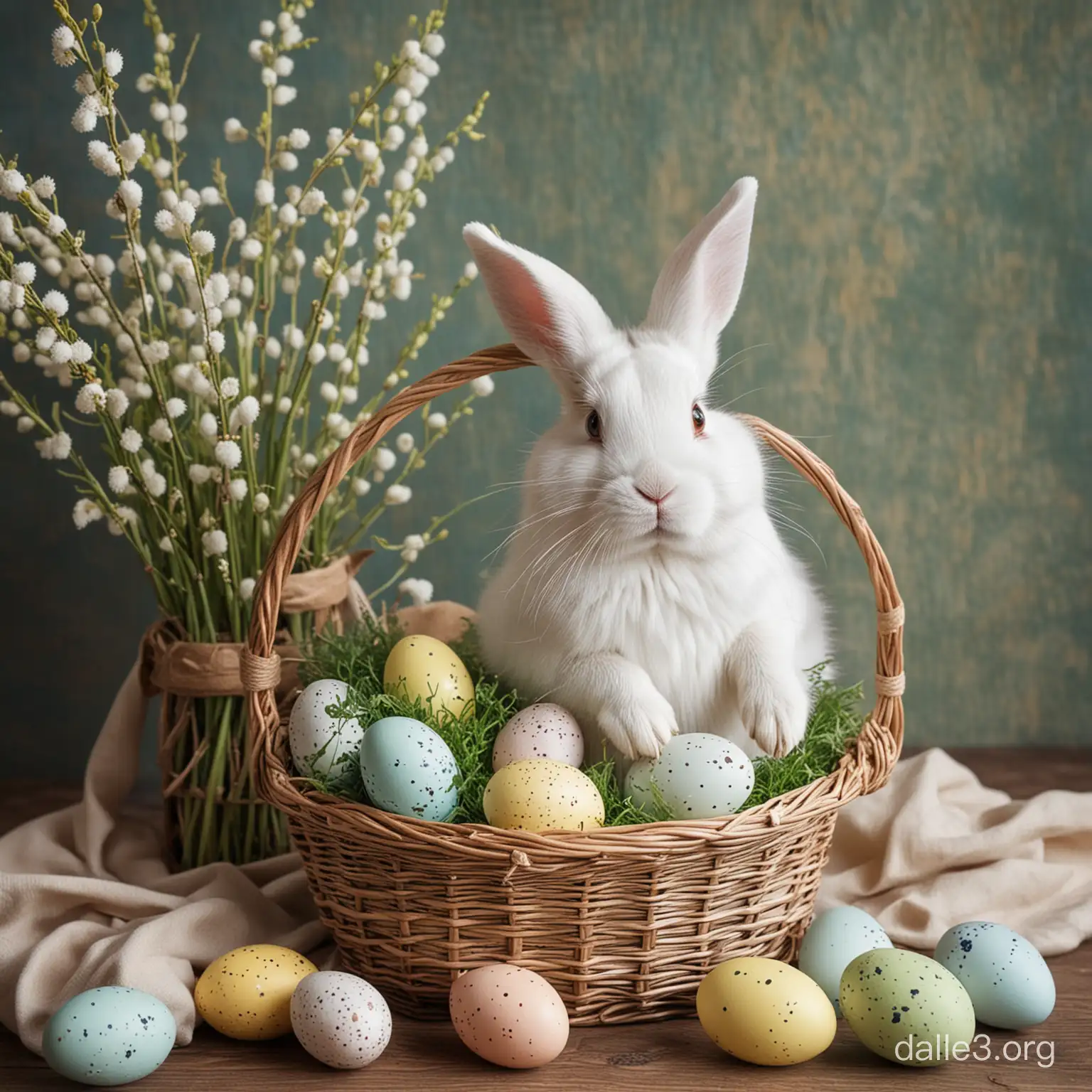 The White Rabbit holds in his hands a basket with Easter eggs around a pussy willow and green leaves.