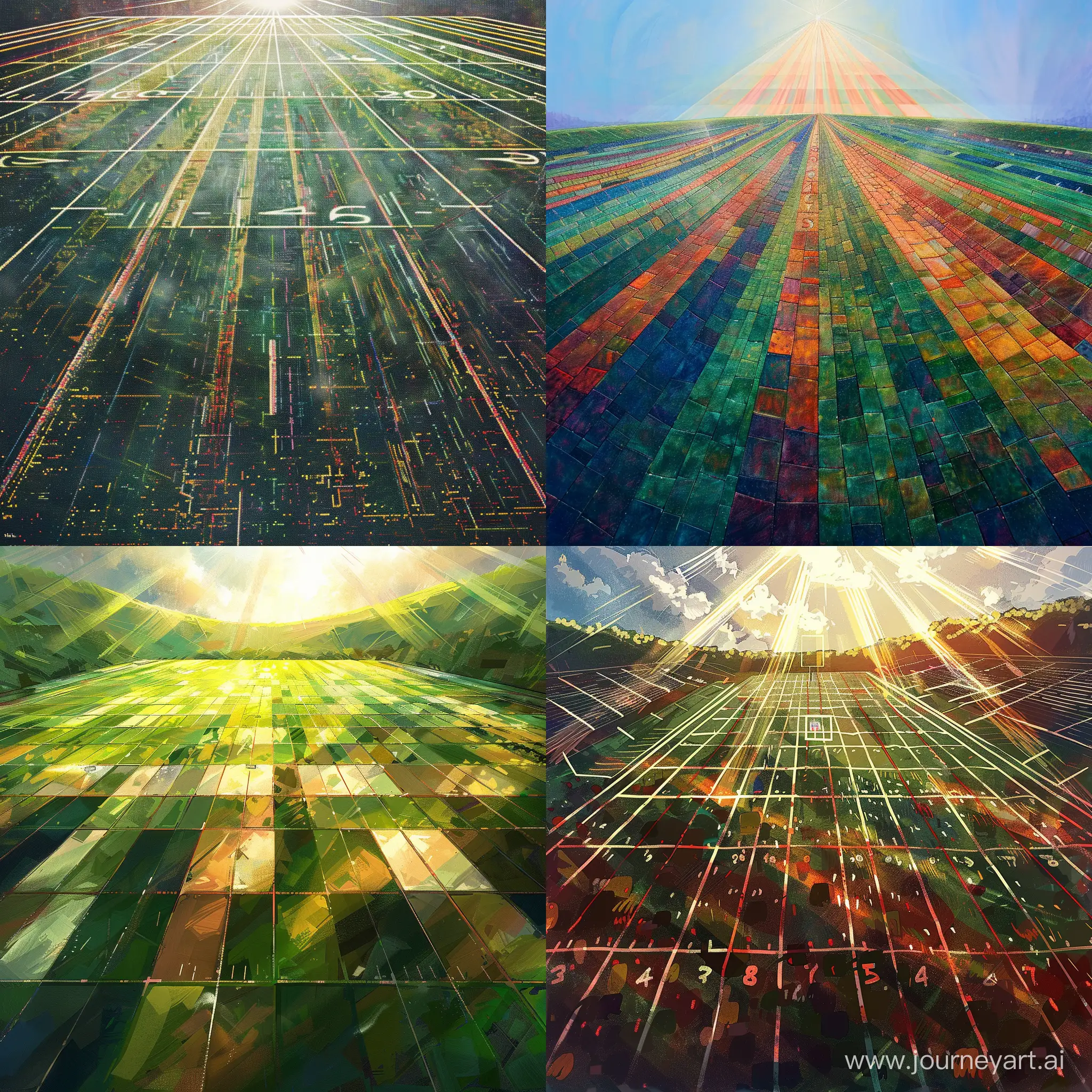 With tranquility and deep emotions, create a Mosaic painting of a two-dimensional cartoon football field. Look at this field from various perspectives and draw the details with cohesive score lines and lively colors, immortalizing the sense of movement and sports in the air of this painting. The sunlight shining from the top of the image brings all colors to life, infusing these Mosaic artworks with positive energy."