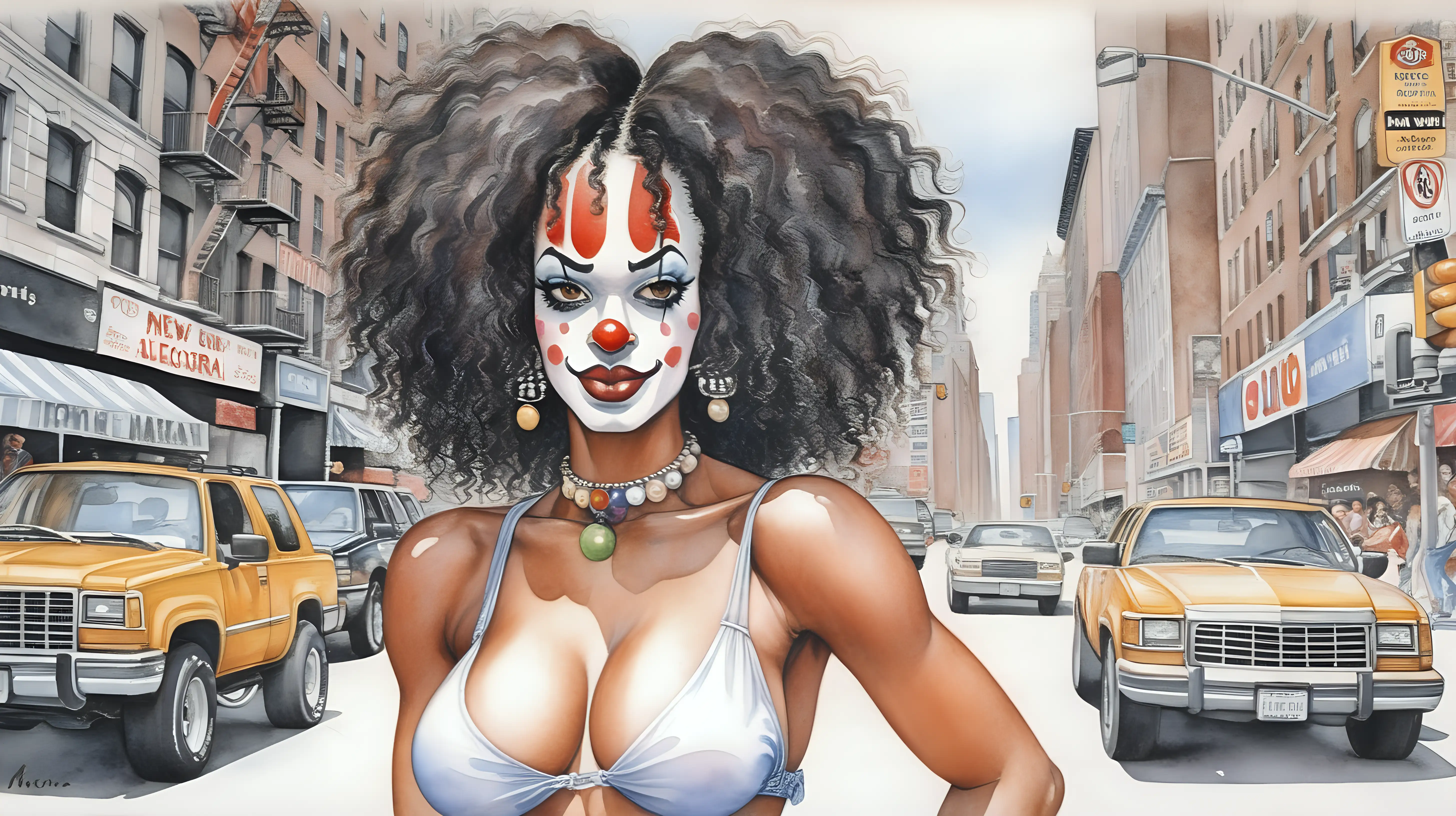 Mujer negra mulata azabache,Payasa, sexi,pelo liso,calle de nueva york, estilo Milo Manara,acuarela