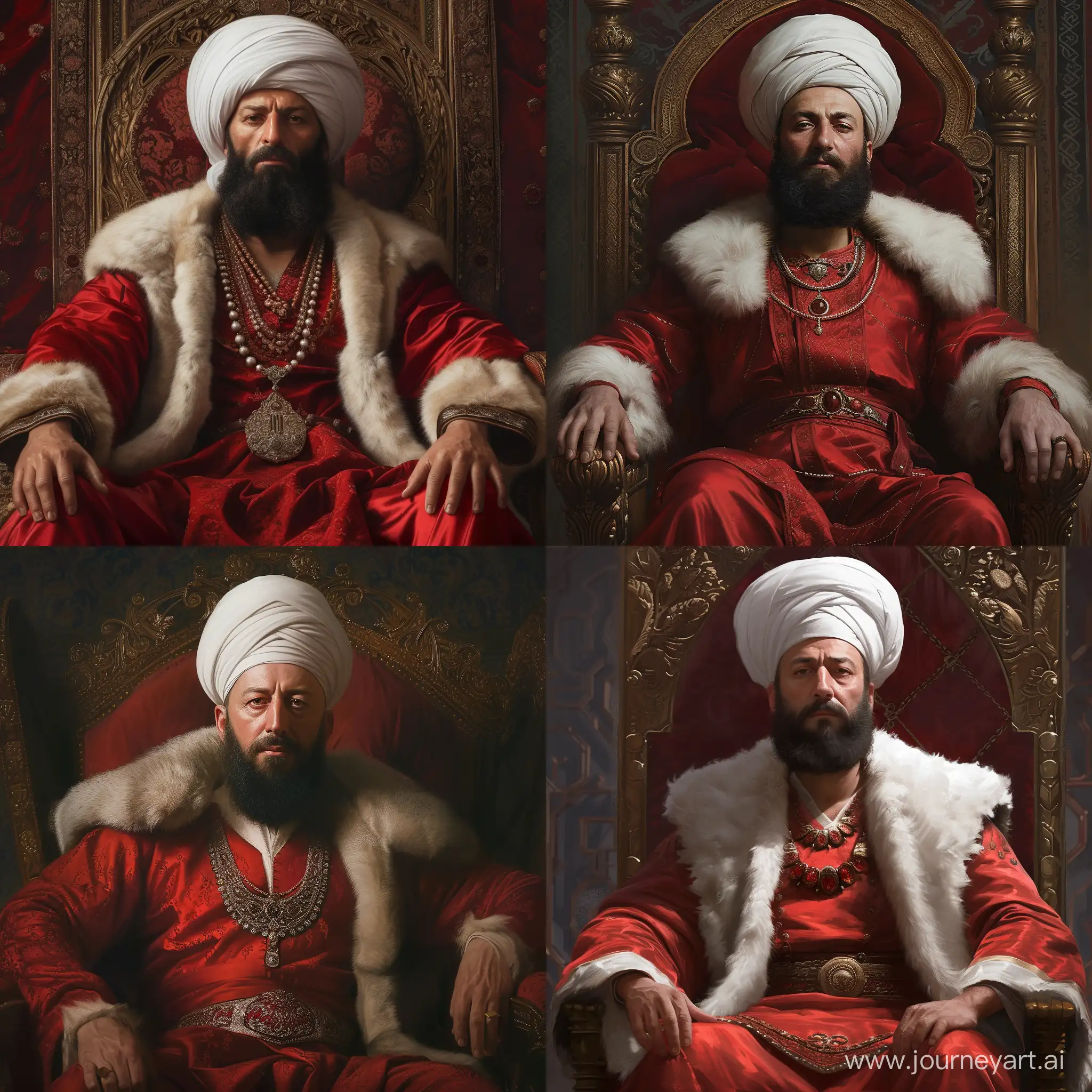 Ottoman Sultan Mehmed II sitting on throne. He has full average black beard. His skin tone is pale. He is wearing white Ottoman turban and red silk caftan with fur collars. He seems proud and brave. Realistic image.