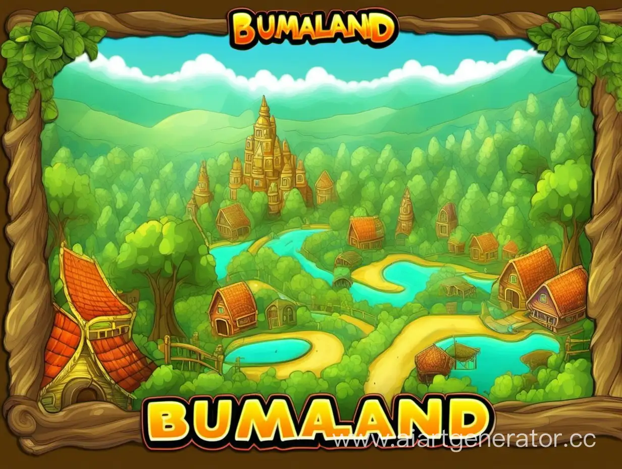 Фон для меню игры "BumaLand" может быть красочным. Вот описание возможного фона:   Название BumaLand должно быть на экране