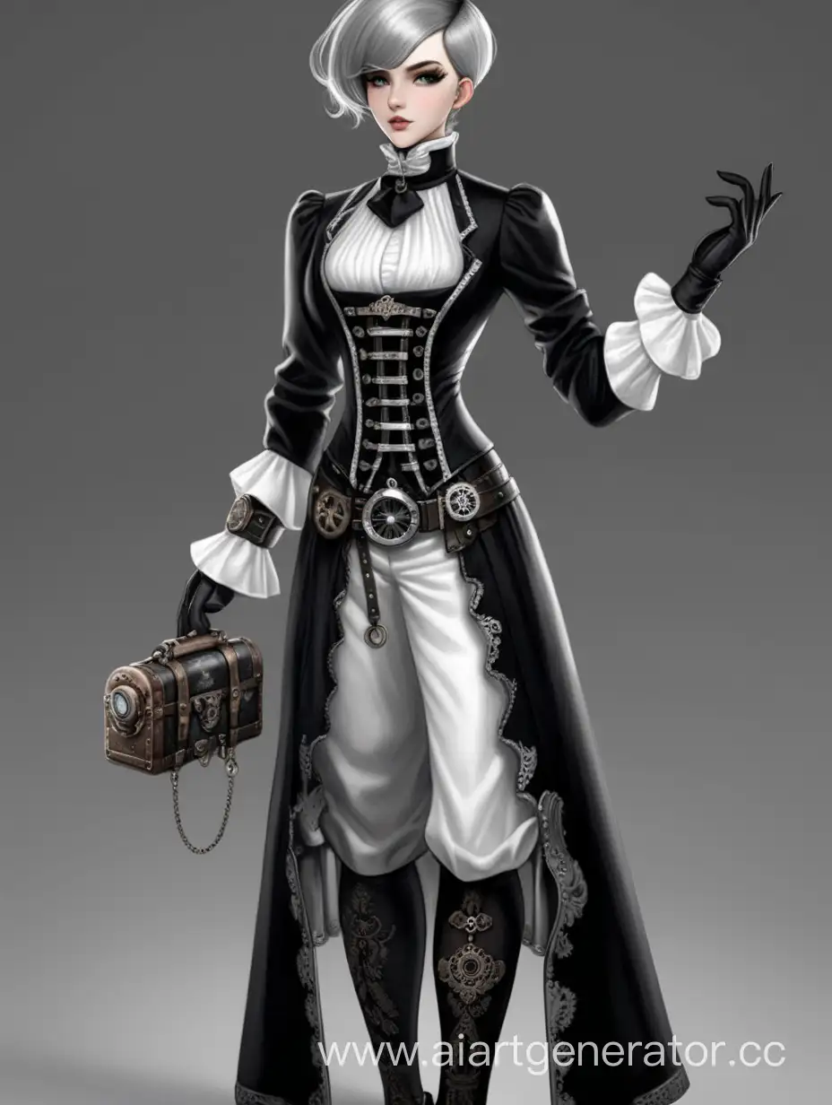 Steampunk aristocrat black and white dress, short grey hair, black and white gloves, female character