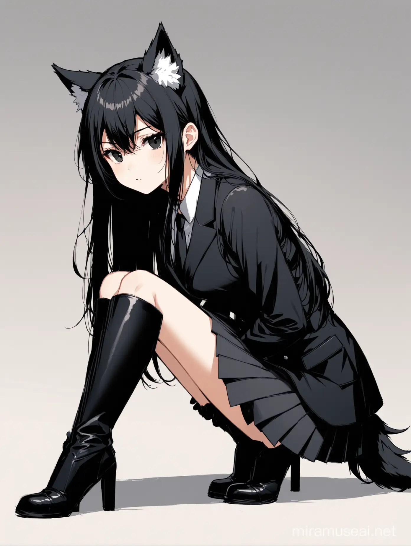 full body view, tall girl, wolf girl, wolf ears, white ear tufts, black eyes, long hair, black hair, short black suit coat, short black pleated skirt, black gloves, long sleeves, black tall thigh boots, neutral expression, side view, down on knees,