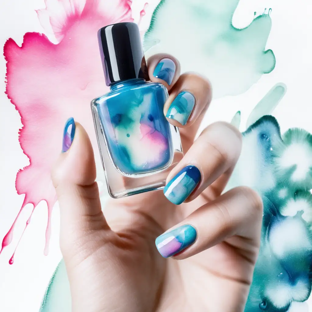 Double Exposure Nail Polish Bottle and Painted Nails in Watercolor