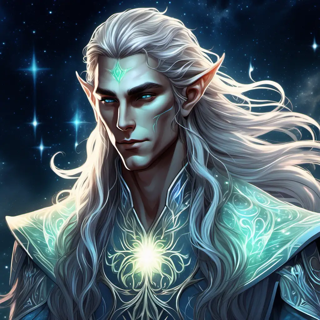 Radiant Elf Male with Luminescent Hair and Astral Attire