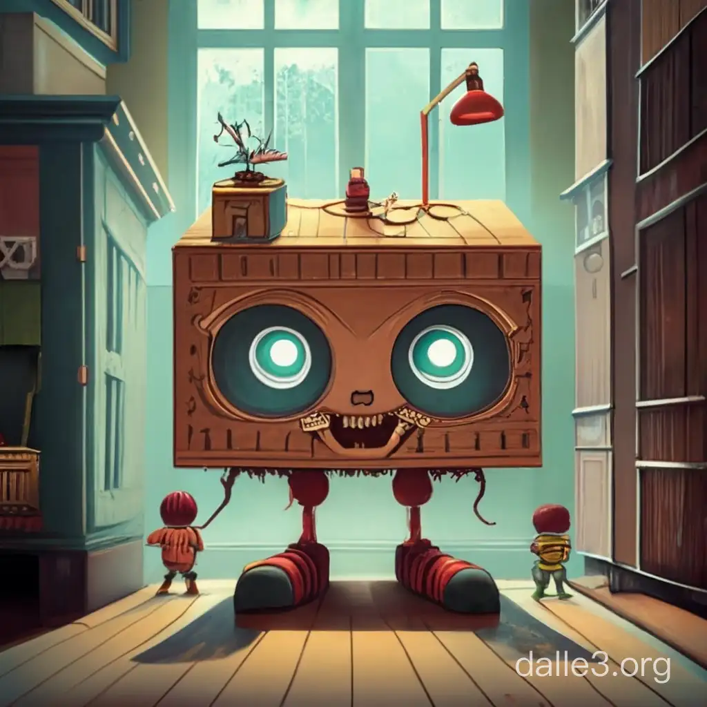 Generate an image of Verniter, a transformed mimic-person who looks like a sentient toy-box with legs and arms and very cute almost chibi looking innocence. Show Verniter in an orphanage, posing as furniture, while unintentionally Illustrate Verniter's childlike wonder for the world, mix of innocence and newfound powers.