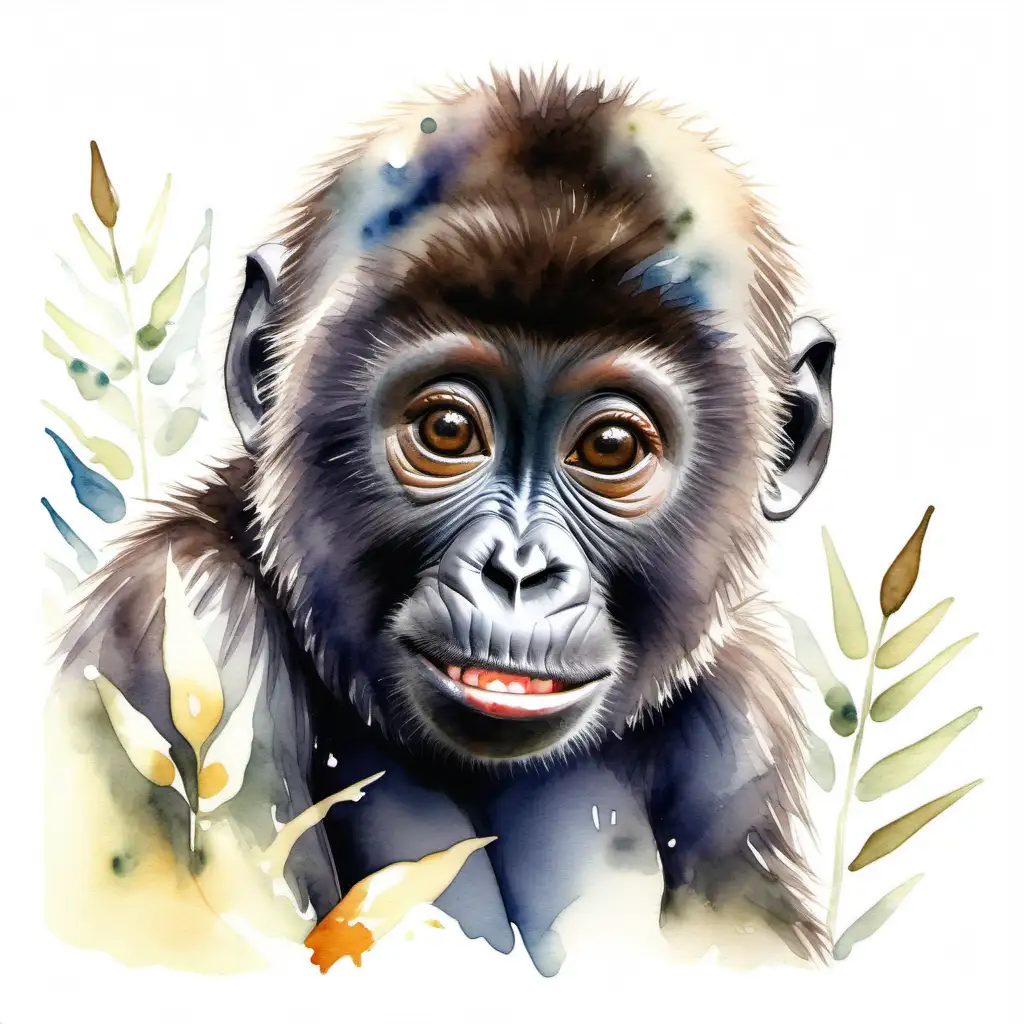 Friendly Eastern Mountain Gorilla Cub Watercolor Painting