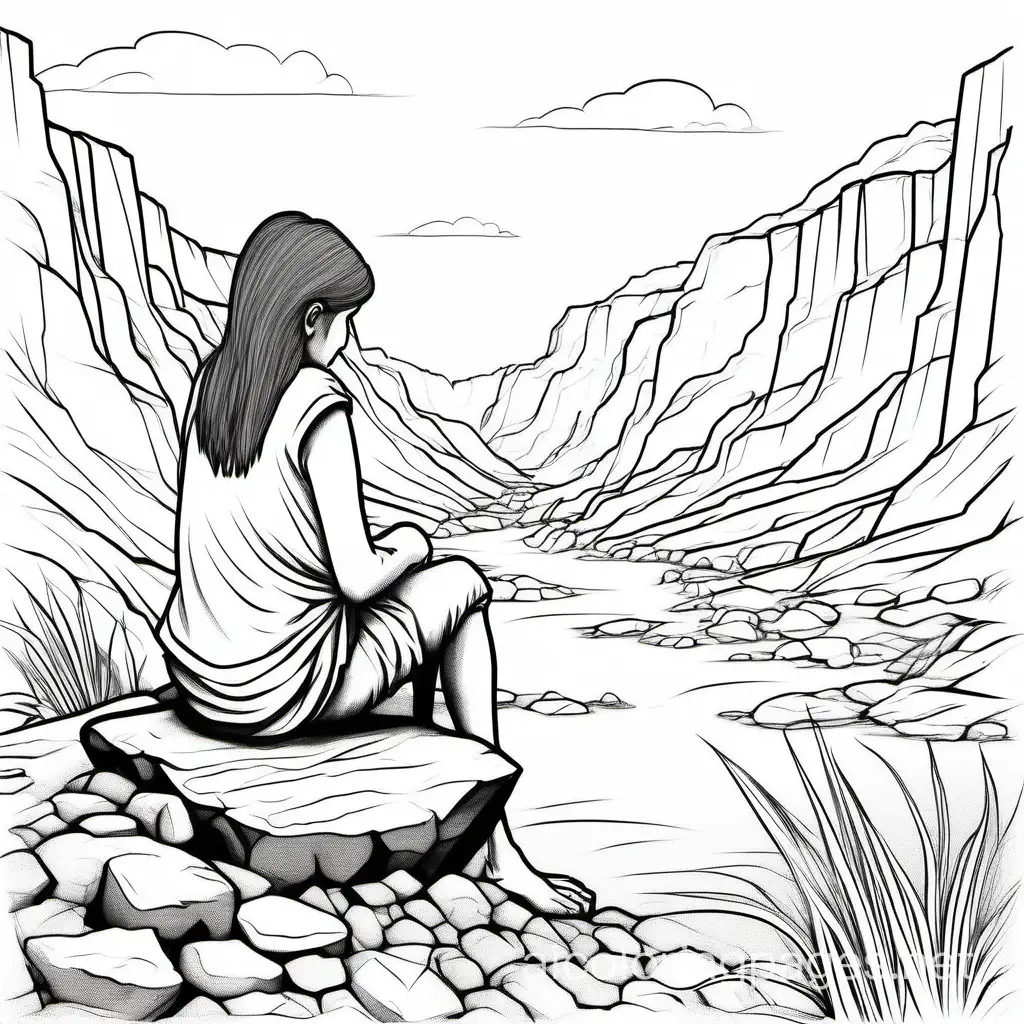 Solitary-Woman-Sitting-on-Boulder-in-Dry-Riverbed-Coloring-Page
