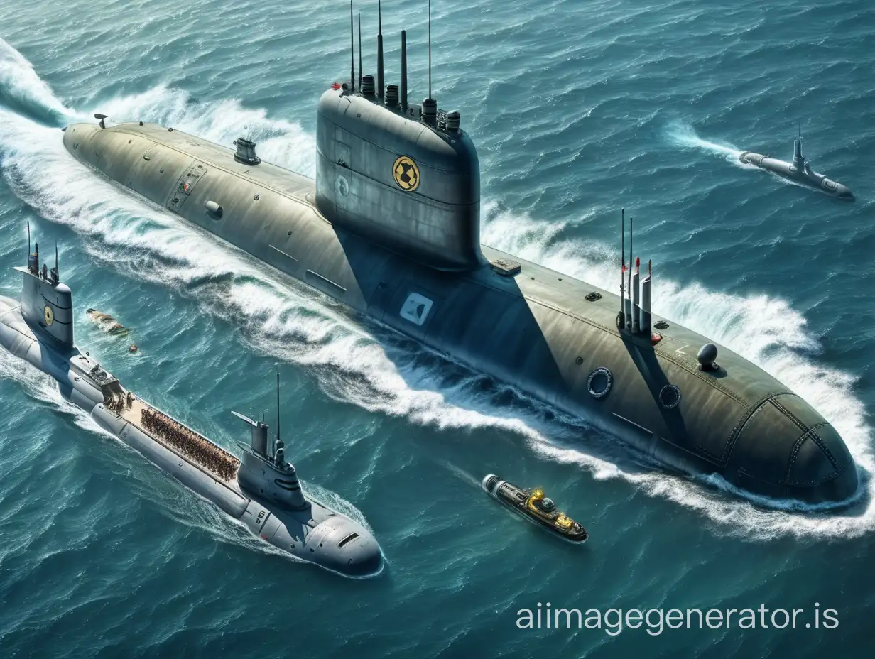 There is a nuclear submarine on the ocean and some robots are on it, Aerial view, realist style