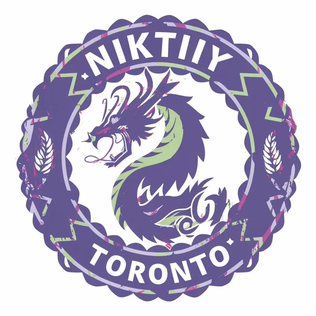 logo, The logo features a circular shape with the inscription Nikitiy in the center and below it the inscription Toronto. The background of the logo is in shades of purple. Surrounding the circular logo is an image of a purple dragon., with the text "*NIKITIY*", typography
