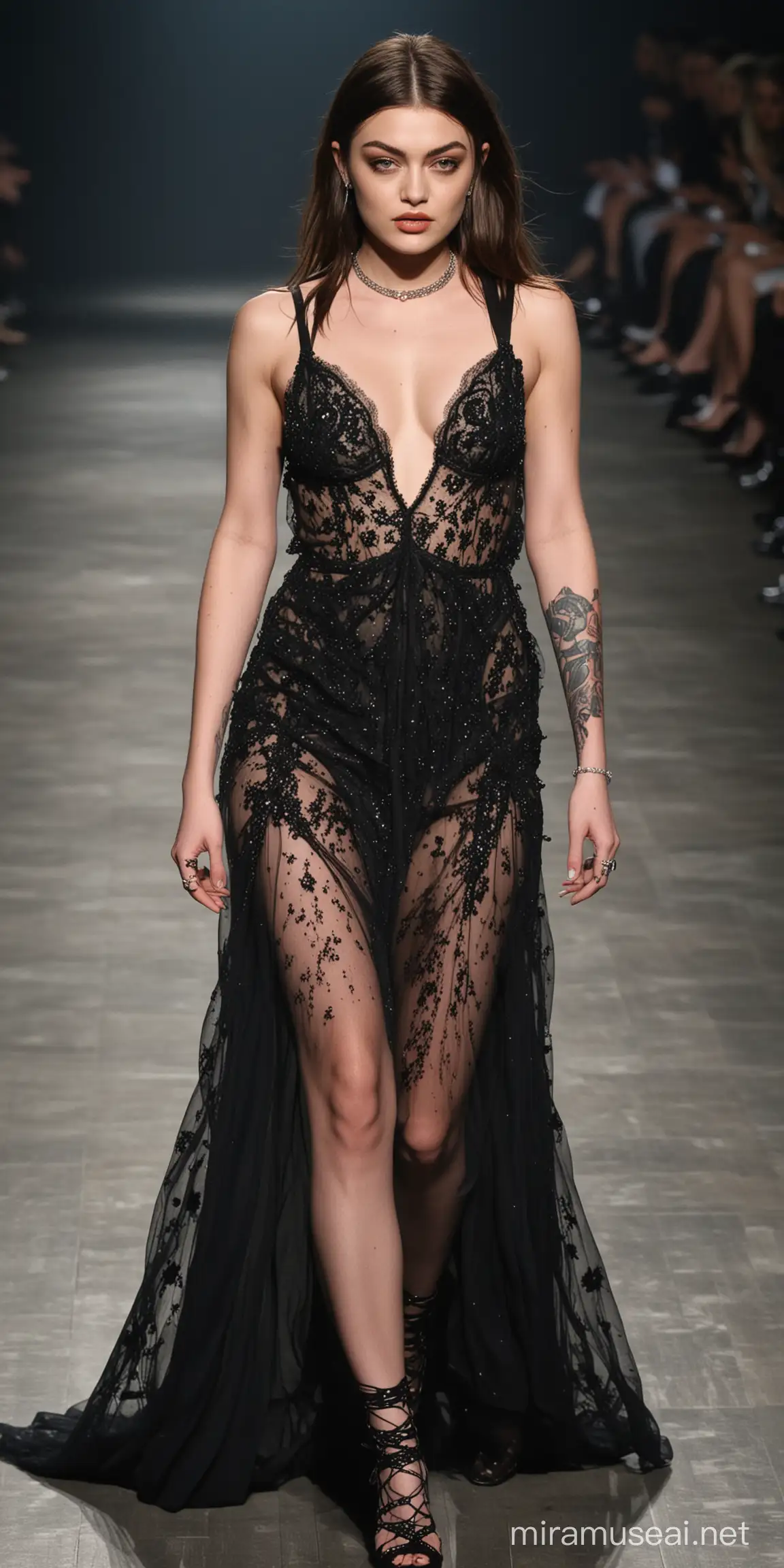 generate an image of a woman that looks like a combination of Gigi Hadid and Frances bean Cobain, she is on a runway, she is wearing a sexy but elegant gown, she has dark hair