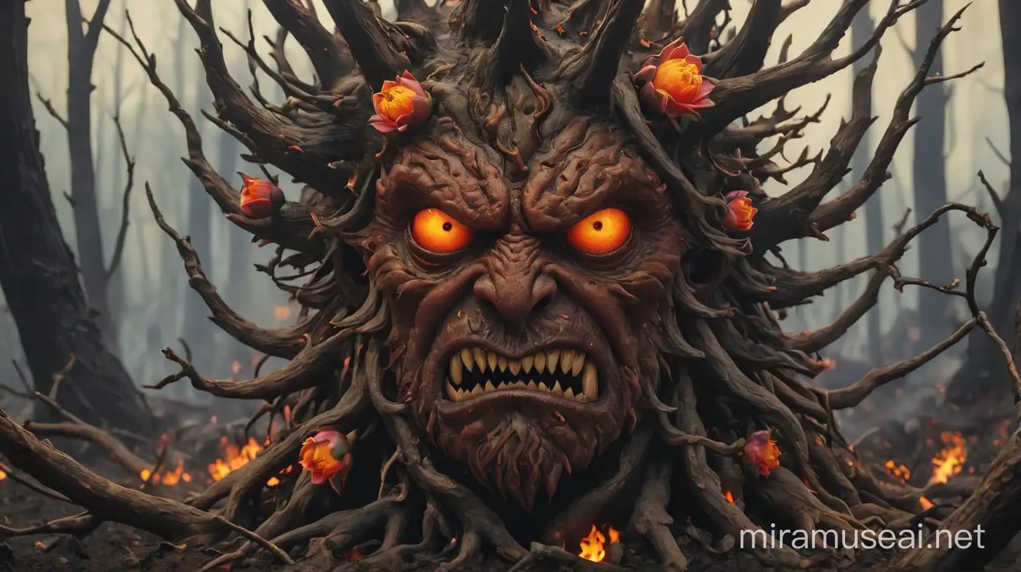 Infernal Tree with Devilish Flower Buds Amidst Fiery Abyss
