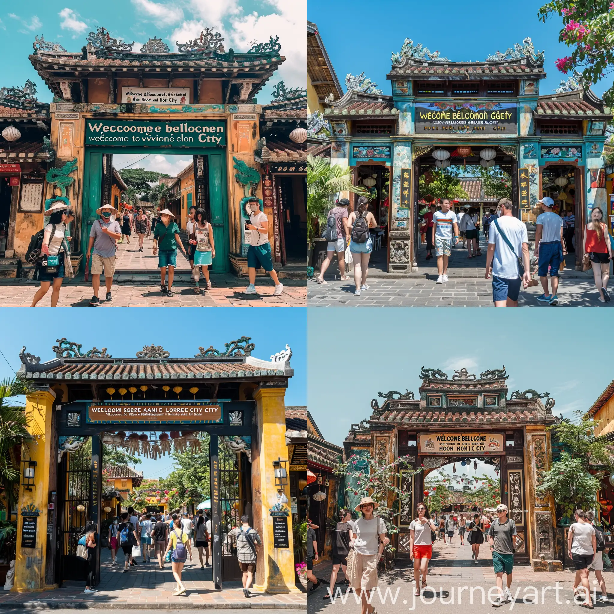 generate a picture of a gate in Hoi An old quarter with a sign that says 'Chào mừng tỷ phú Cổng cùng tình nhân đến chơi TP Hội An' with tourists walking around