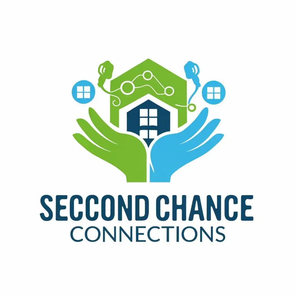 LOGO-Design-for-Second-Chance-Connections-Blue-Green-with-Outstretched-Hands-and-Real-Estate-Symbols