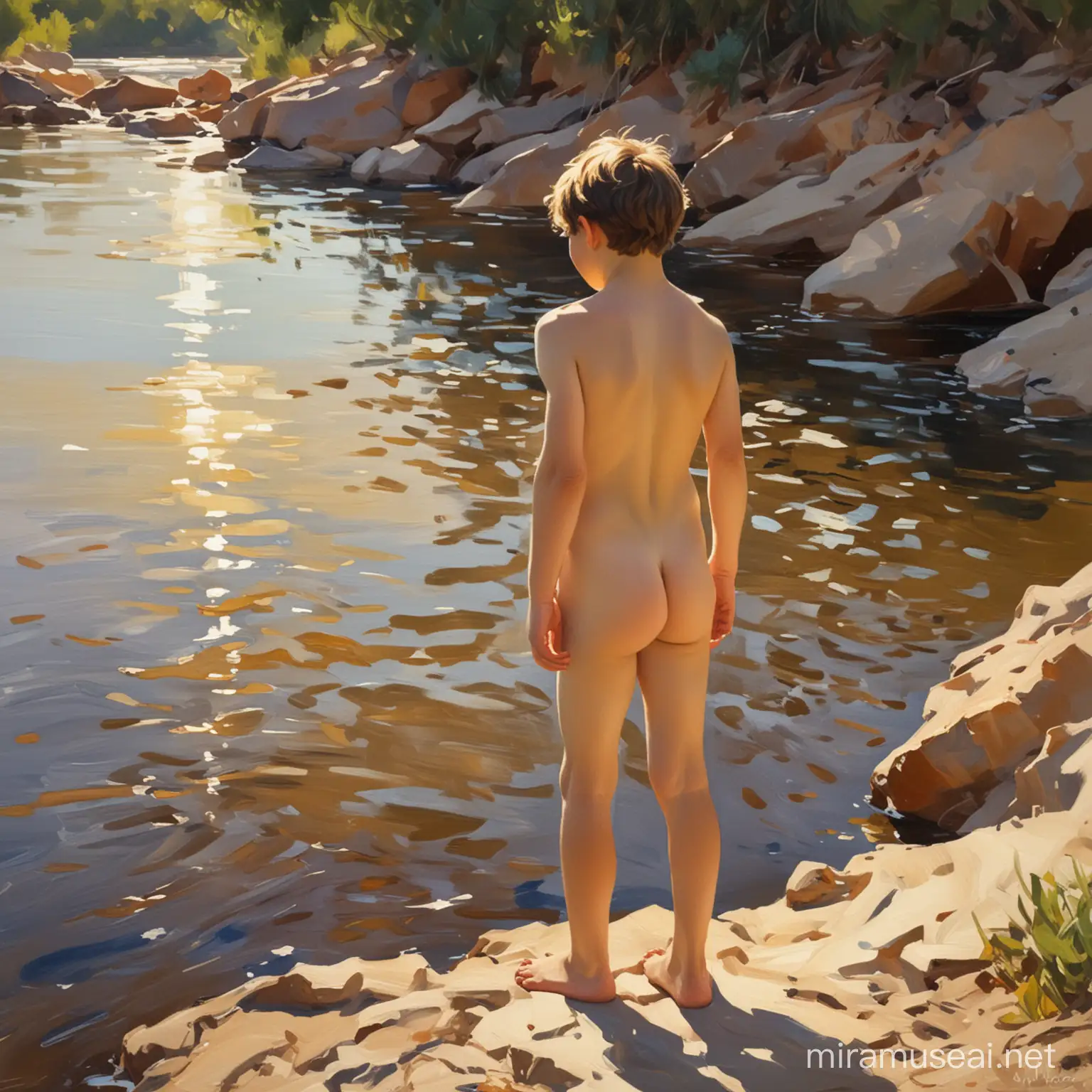 в стили хуудожника Хоакин Соролья ..картина. обнаженный мальчик в полный рост  на фоне реки .осфещение контражур.