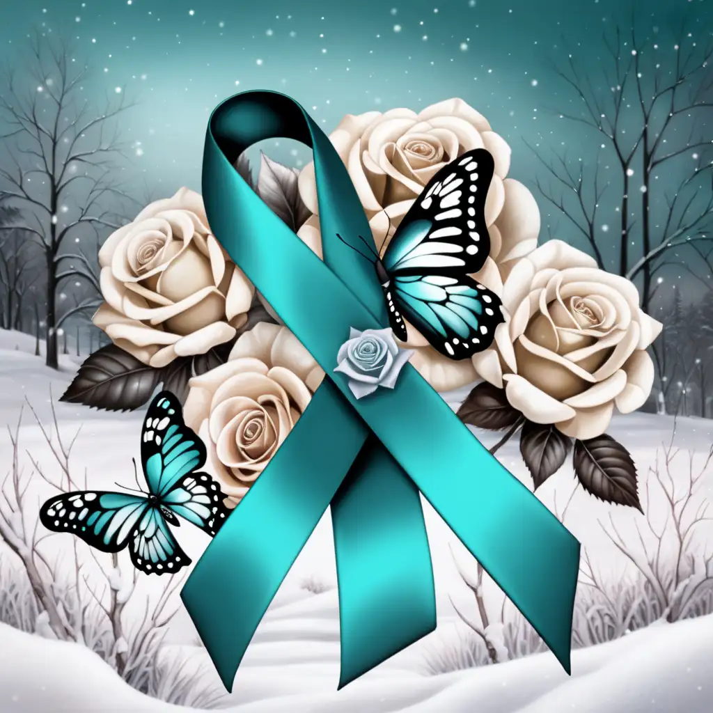 Teal colored cancer ribbon with white teal black butterfly and winter background with bi colored roses