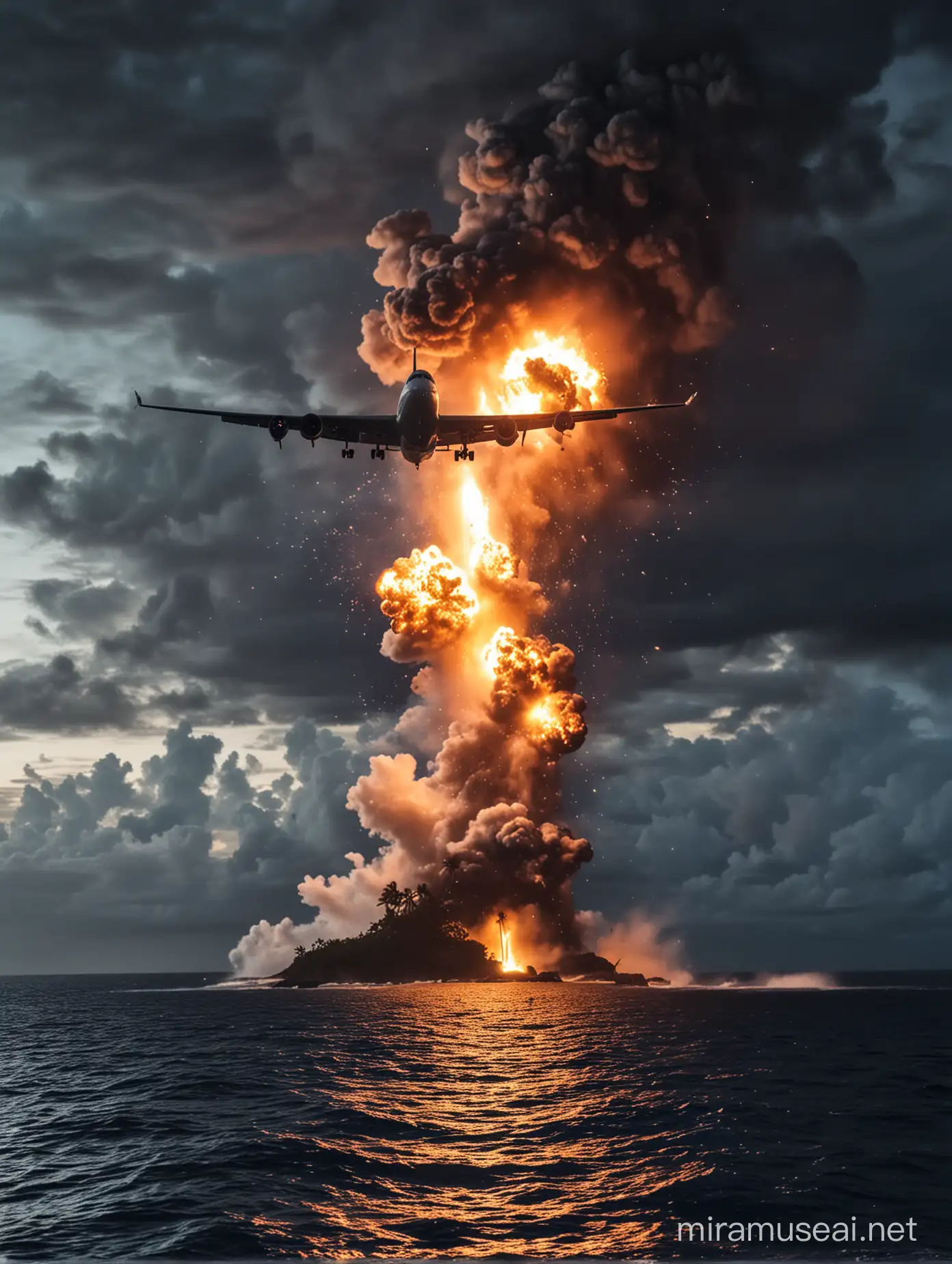 Island at night with a plane exploding in the middle of the ocean background