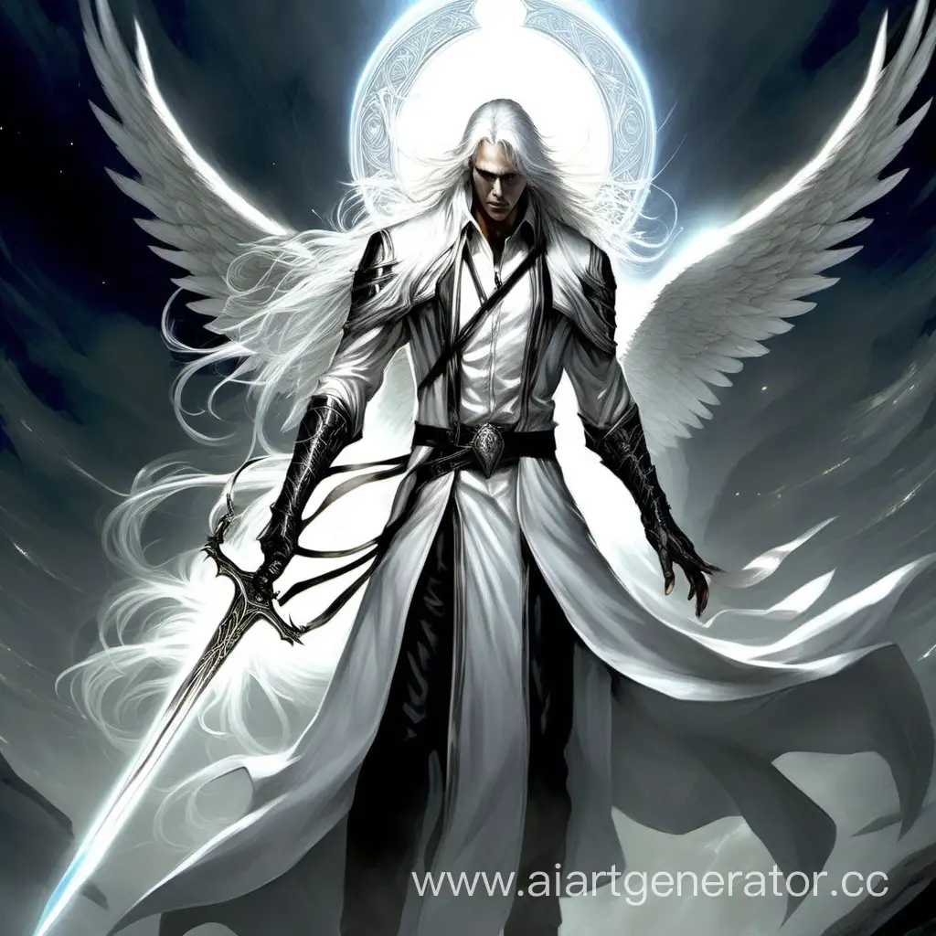 Angel with silver halo,warlock,no wings,male, long silver hair,white light clothes, handling long sword