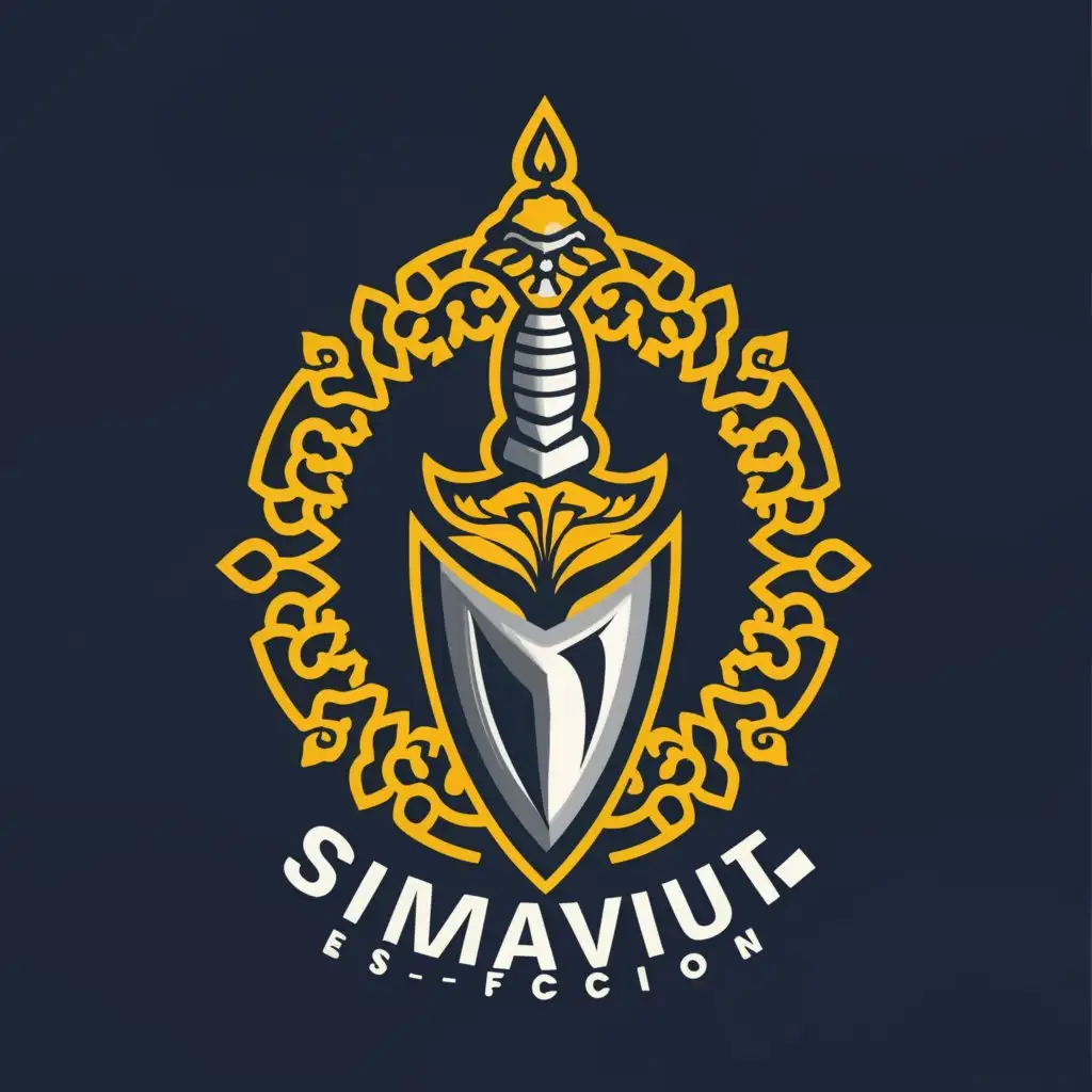 a logo design, with the text "Simavut ES-Faction", Logo concept: Thai Sword, Logo color: yellow, Logo background: darkblue, complex, to be used in the Automotive industry, clear background